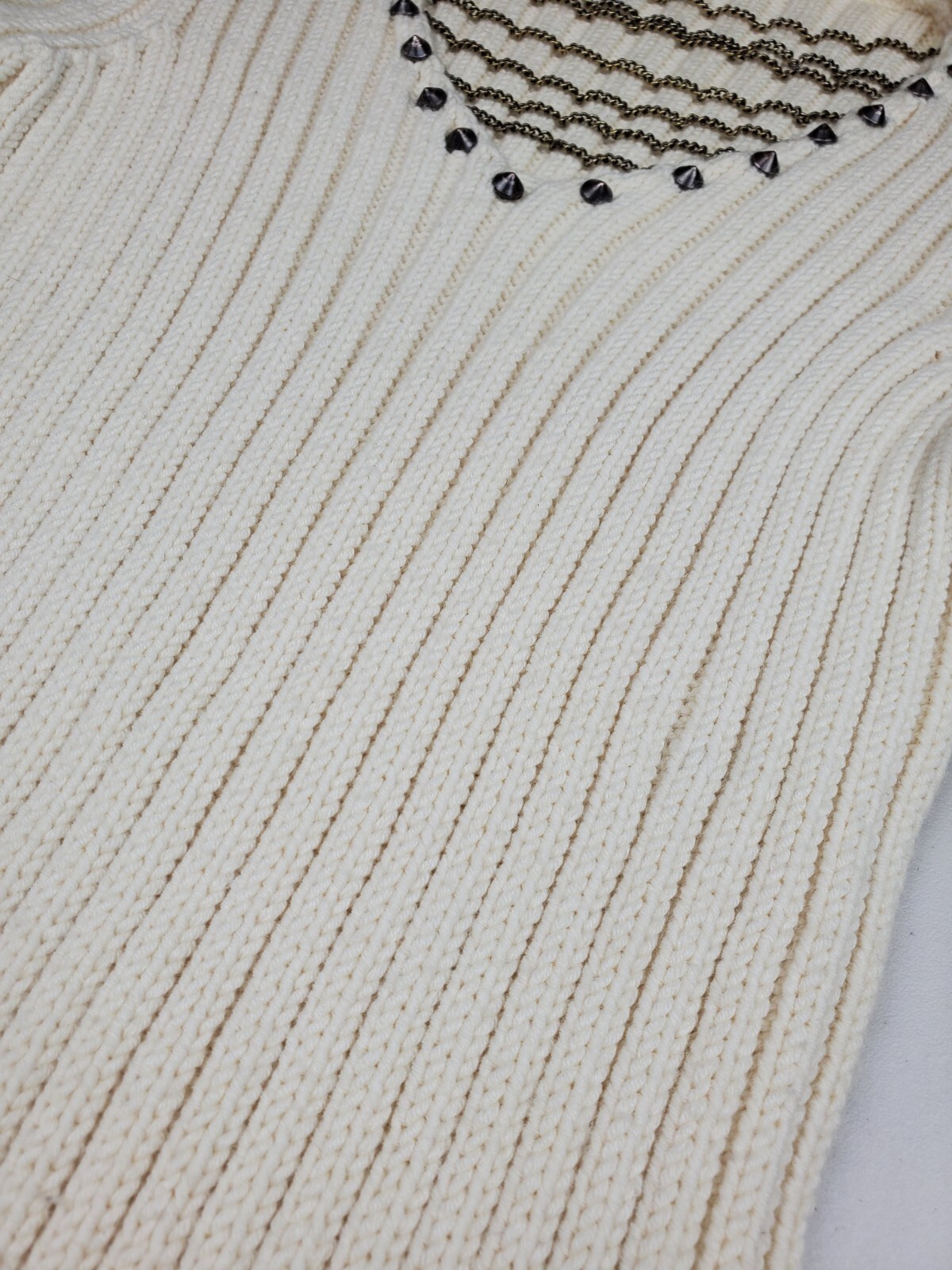 White Cream Cable Knit Turtle/V-neck Chain Thick Bodycon Sweater Dress Size M