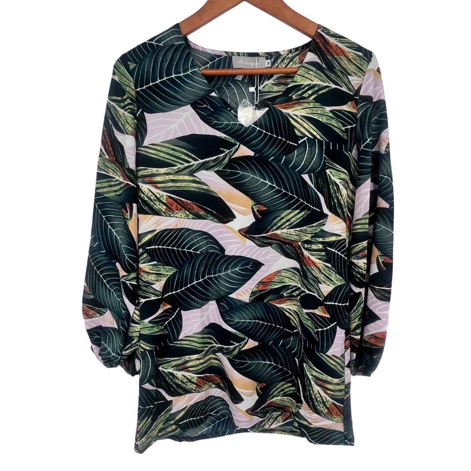 NWT Belongsci Dress Womens Medium Green Tropical Leaf Print Resortwear Cruise