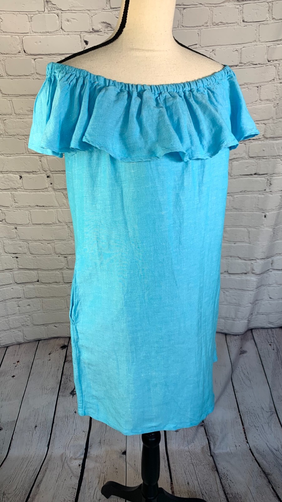 NEW Tommy Bahama Blue Linen Blend Off Shoulder Dress with Pockets Size XS