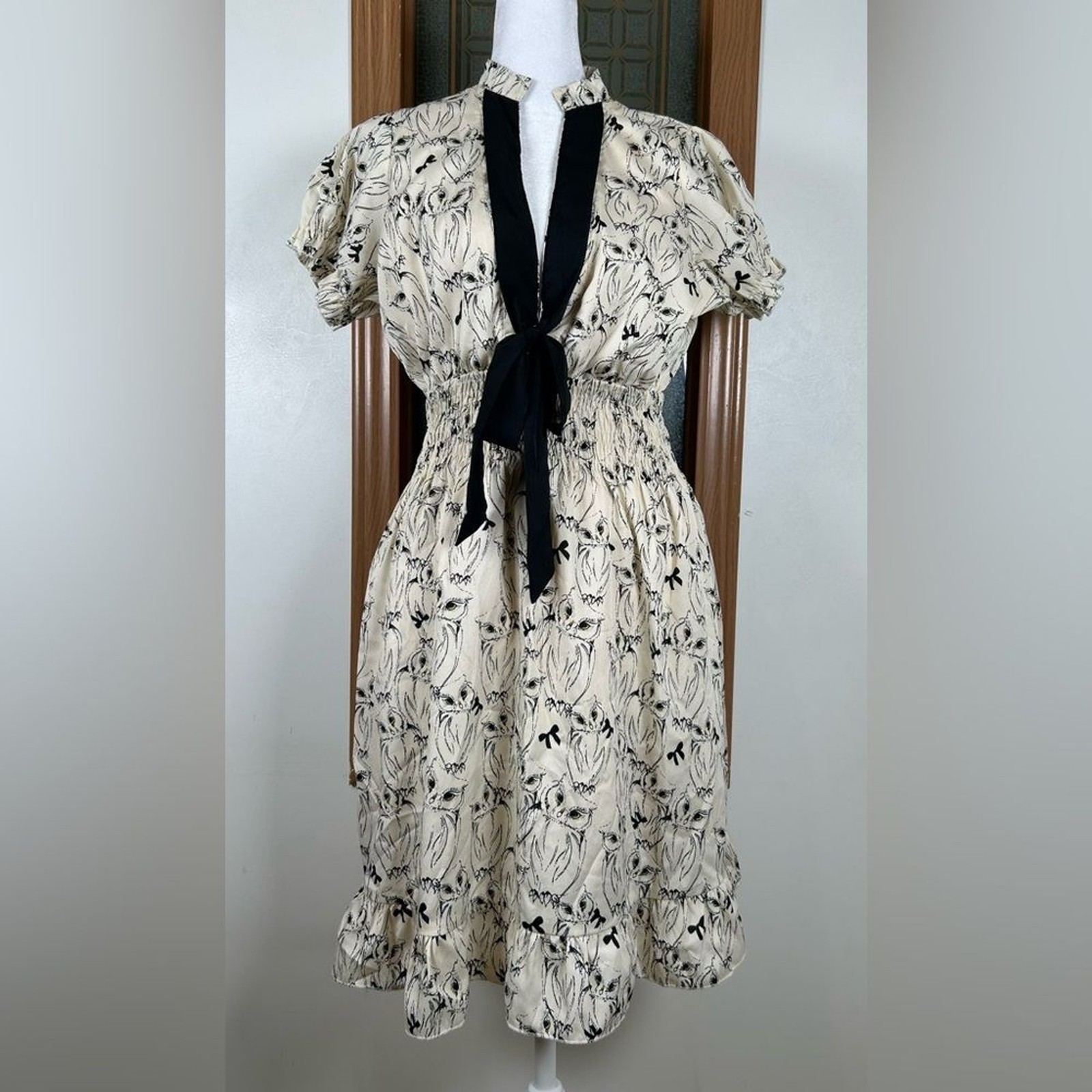 Boho Owl Print Mini Dress 6/8 Cream Smocked Waist Tie Front Cute Summer