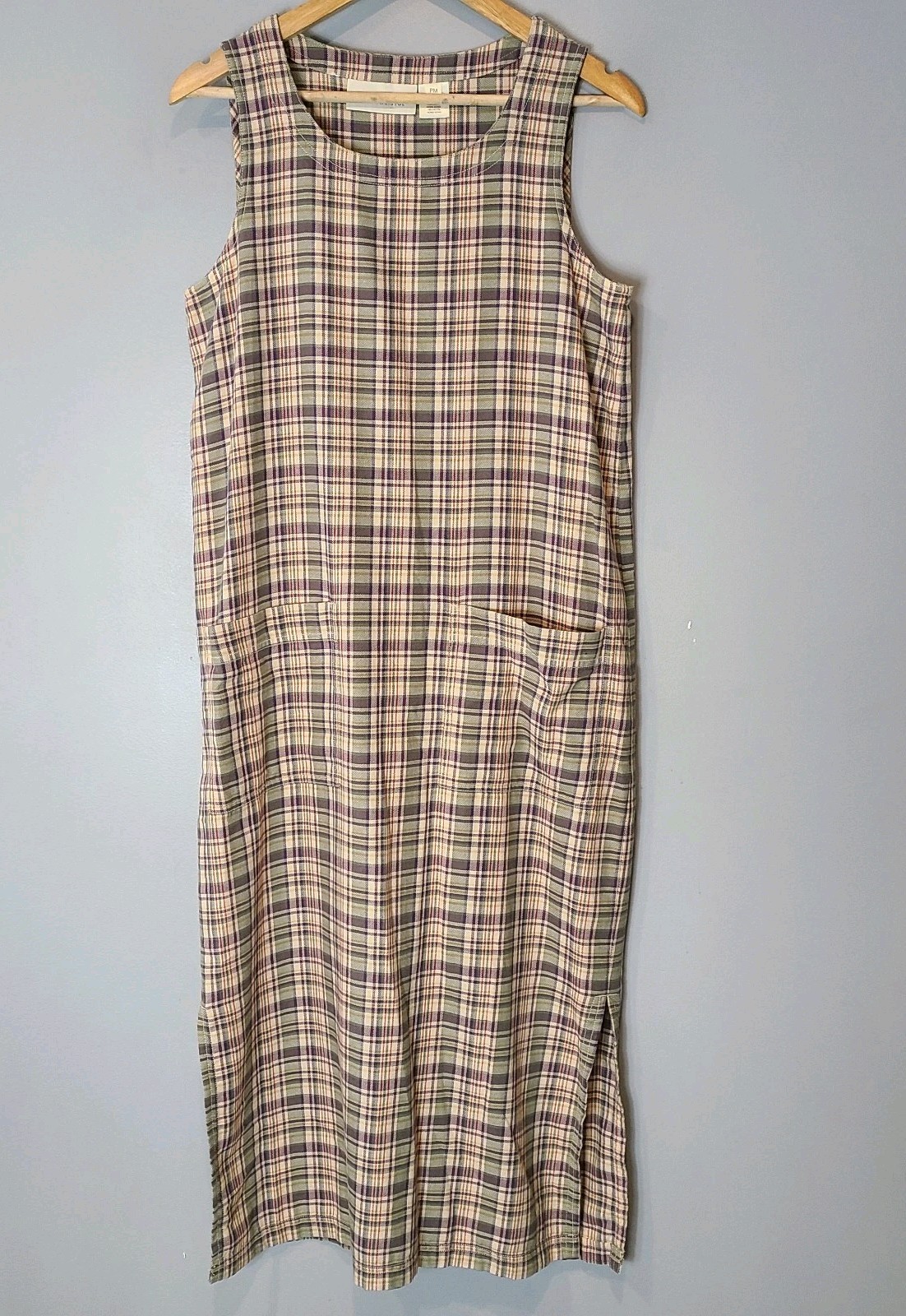 Vtg Susan Bristol Tartan Plaid Jumper Dress pockets Sz PM Granola Green Purple