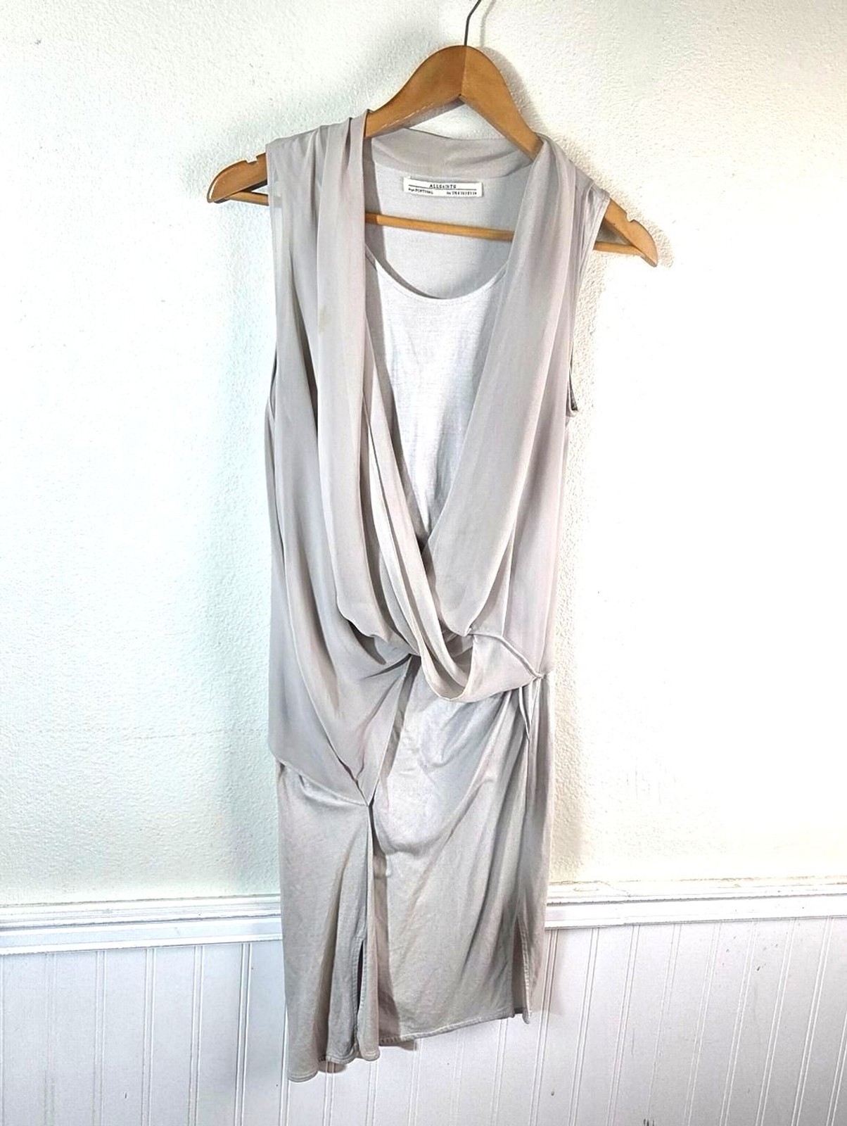 AllSaints Abi Dress Womens US 2 XS Gray Draped Sleeveless Midi Made in Portugal