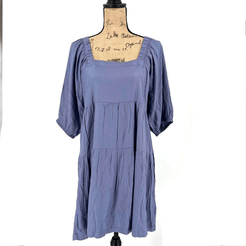 NWT Beyond Words Womens Square Neck Puff Sleeves Tiered Mini Dress purple Medium