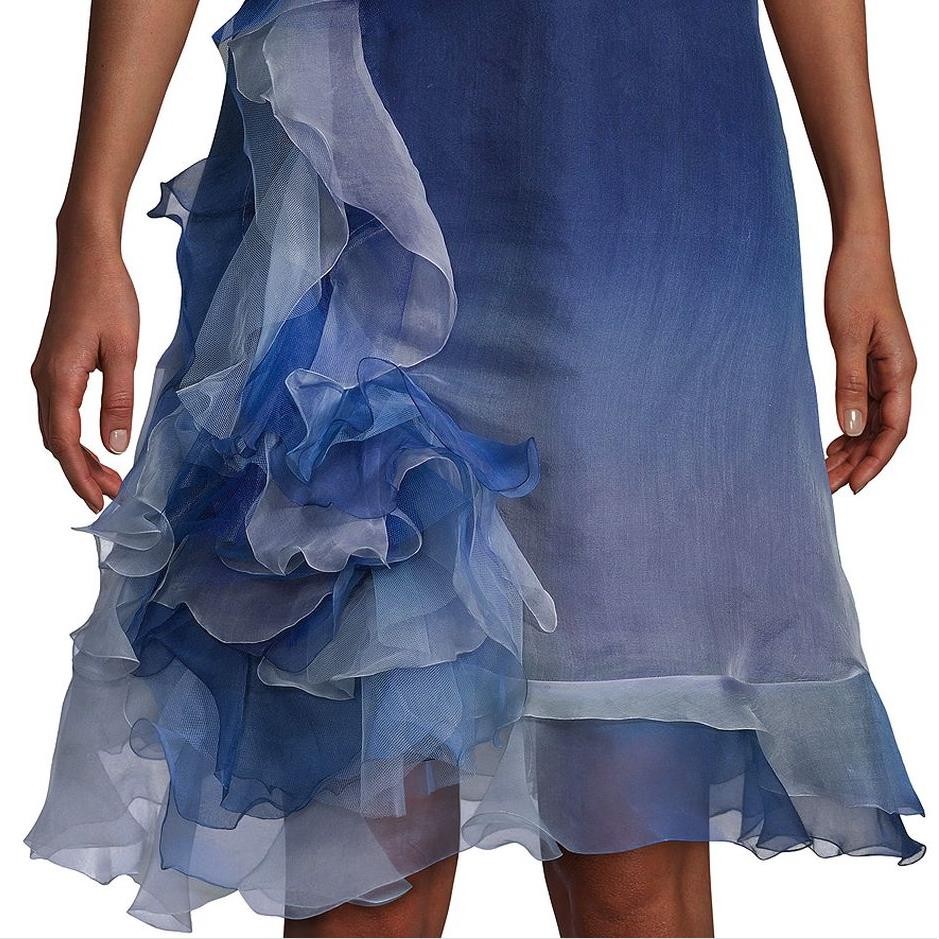 MARCHESA Ombre Strapless Flower Ruffled Tiered Silk Cocktail Dress, 2 Blue