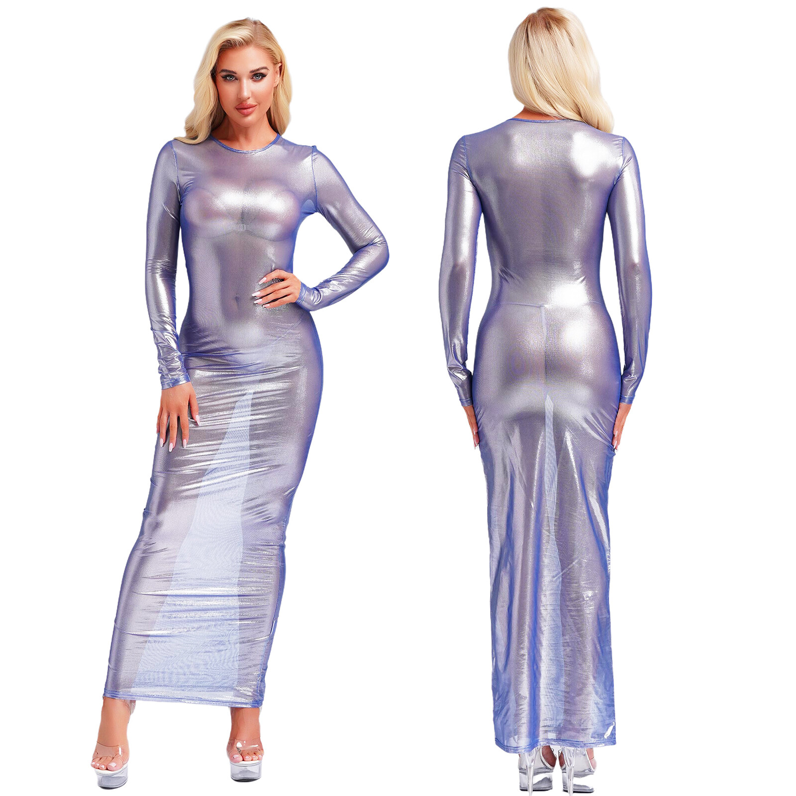 US Womens See Through Long Sleeve Maxi Dress Bodycon Lingerie Dress Clubwear