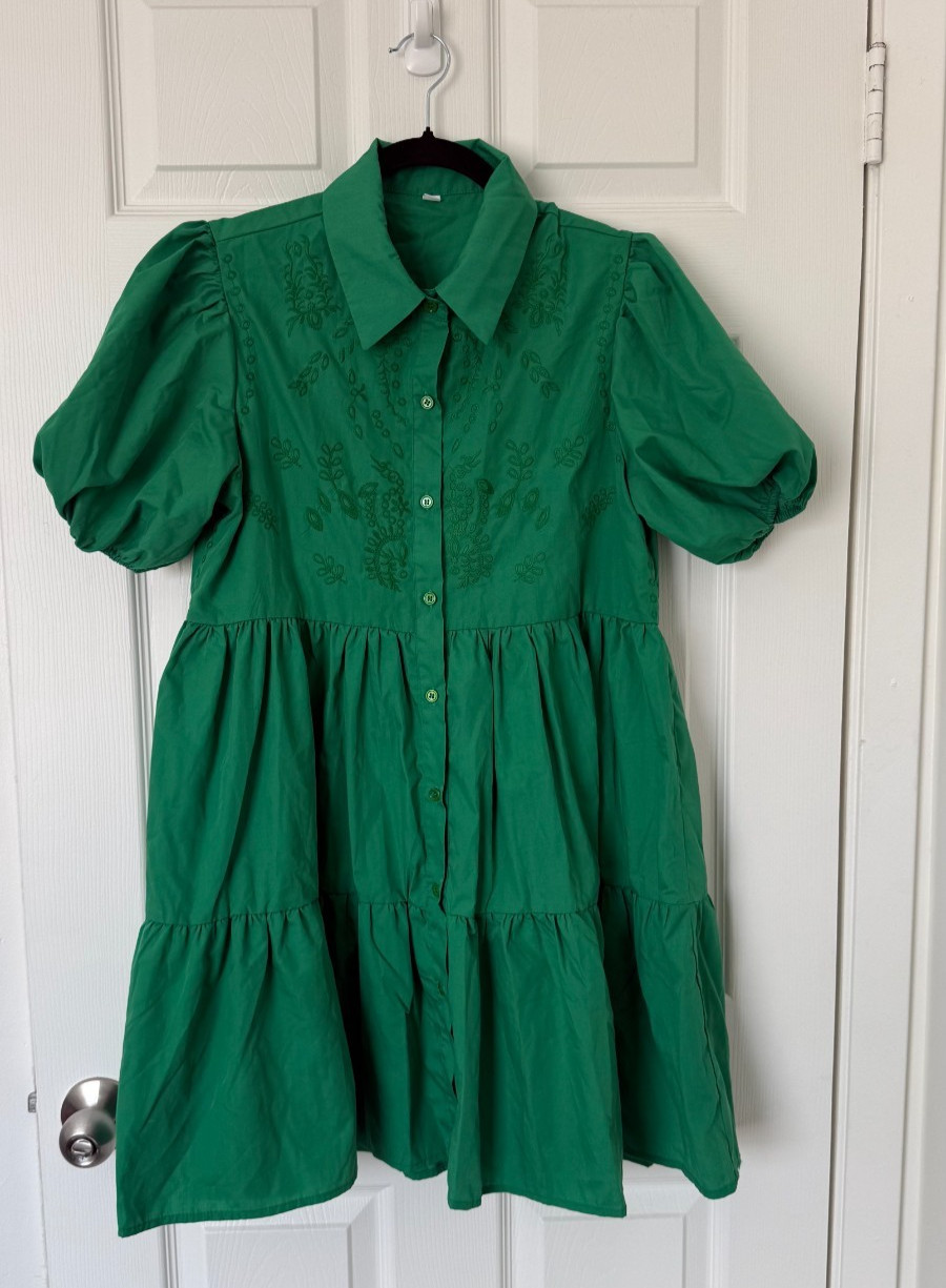 SHEIN Green Tiered Smock Mini Dress L Puff Sleeve Floral Embroidered Button Fron