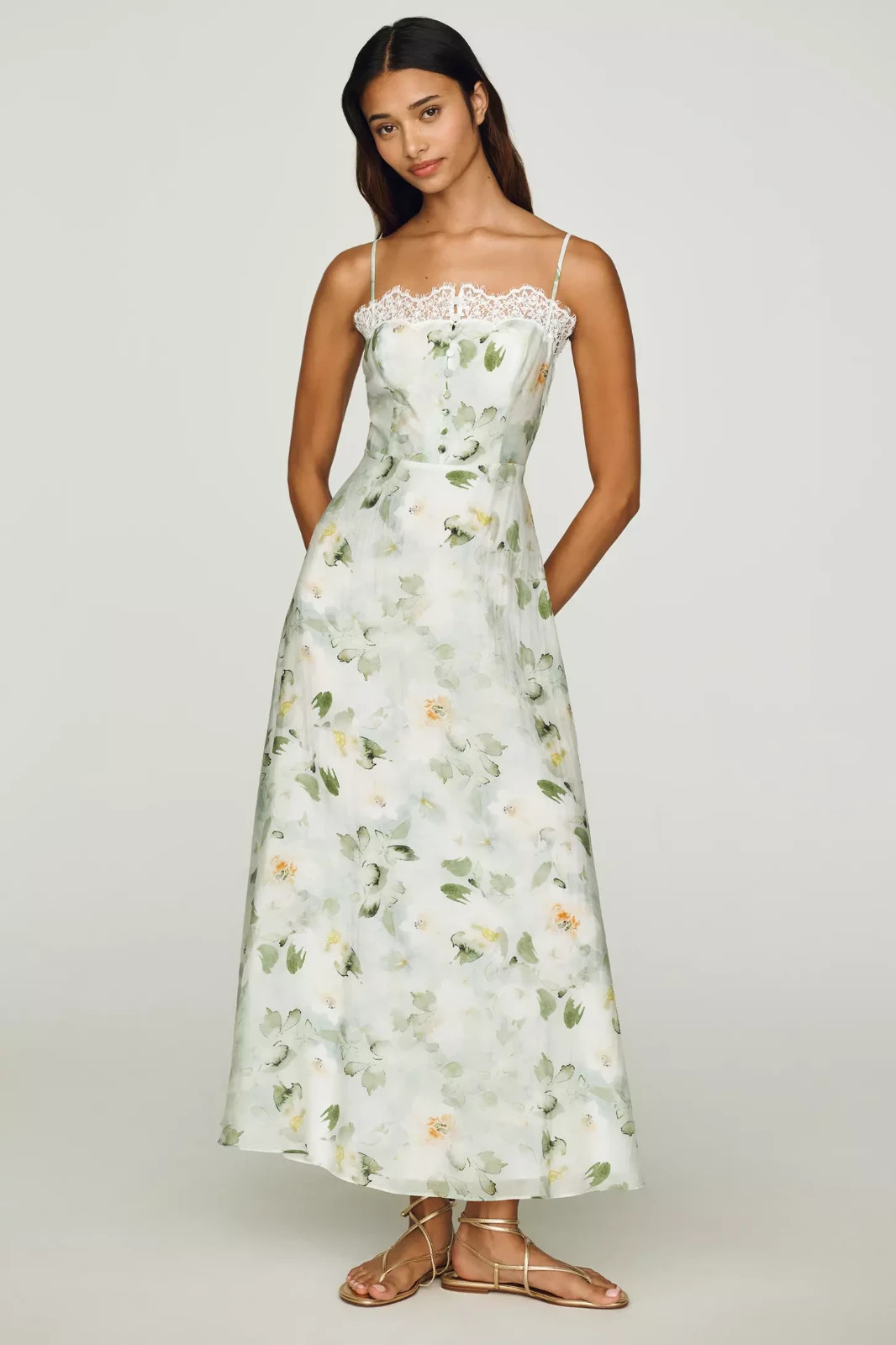 New Anthropologie Mare Mare Lace-Trim Midi Dress Green Floral Print Size LARGE
