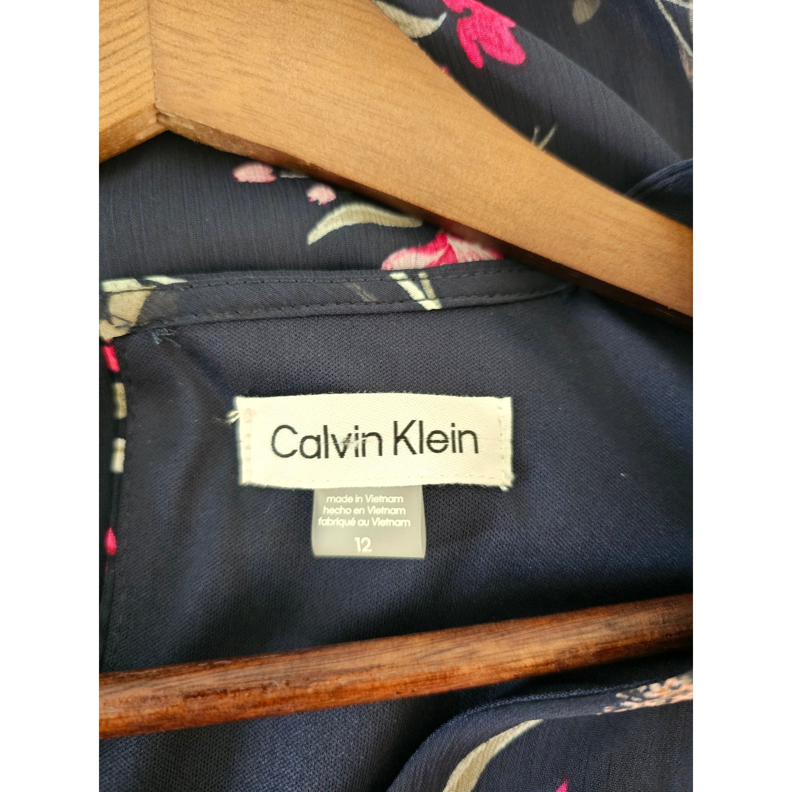 Boho Romantic Calvin Klein Floral Shift Dress Womens 12 Navy Ruffle Bell Sleeve