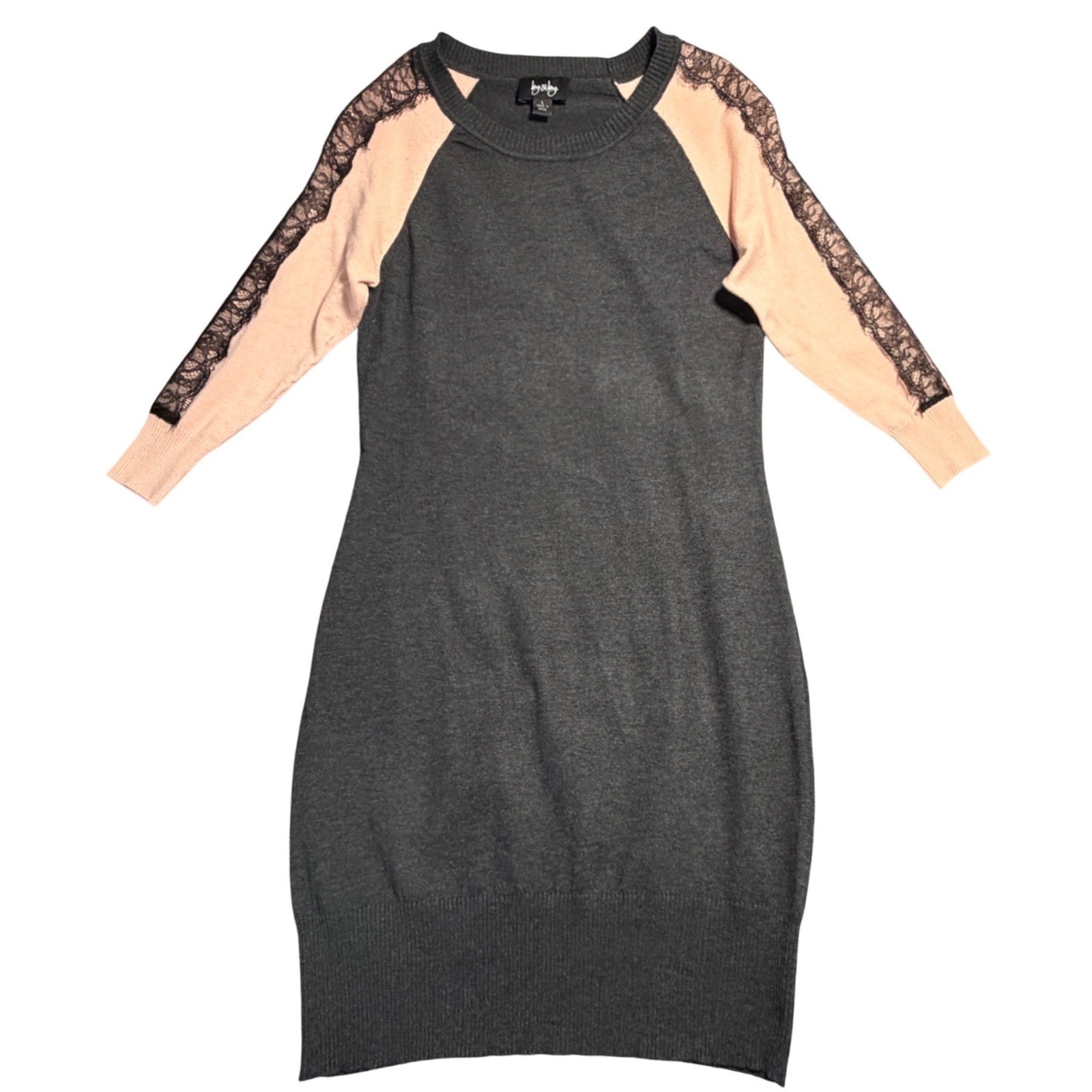Womens Grey Peach Lace Trim Raglan Sleeve Knit Sweater Dress Large 80s90s Preppy