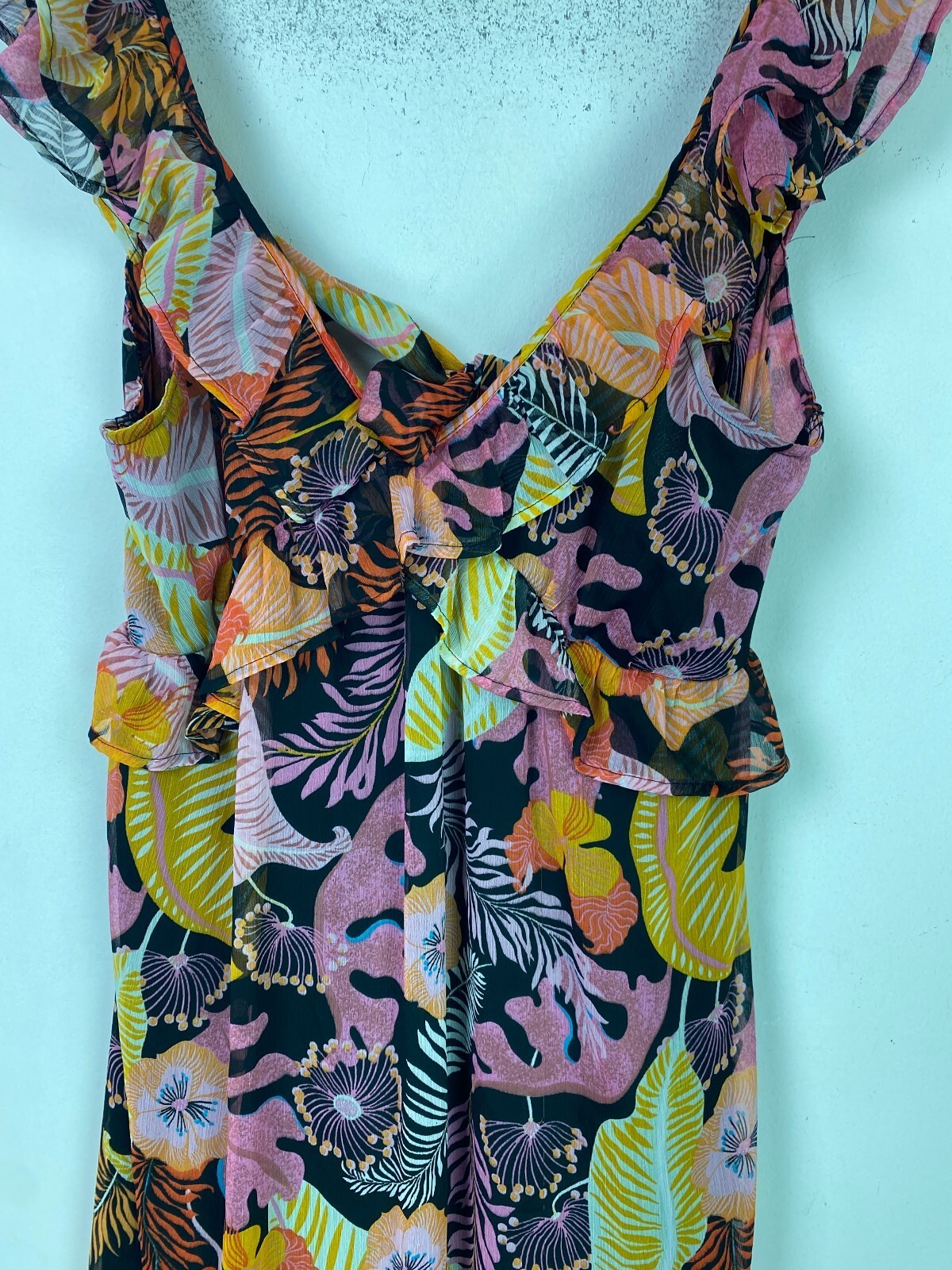 JDY Black Pink Multi Tropical Floral Midi A-Line Dress Open Back XL NEW