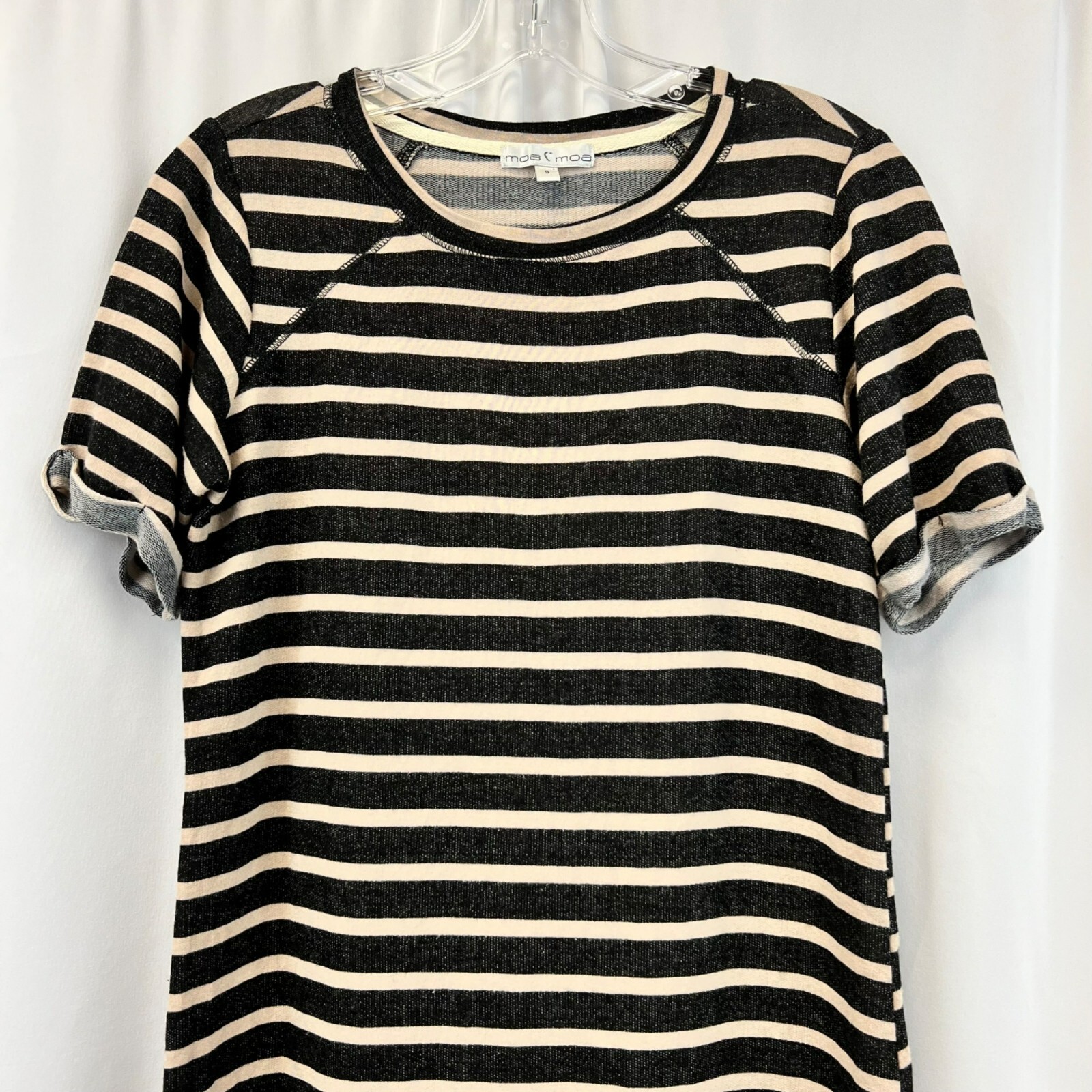Moa Moa Mini T-Shirt Dress Black/Beige Striped Size Small Cuffed Sleeve