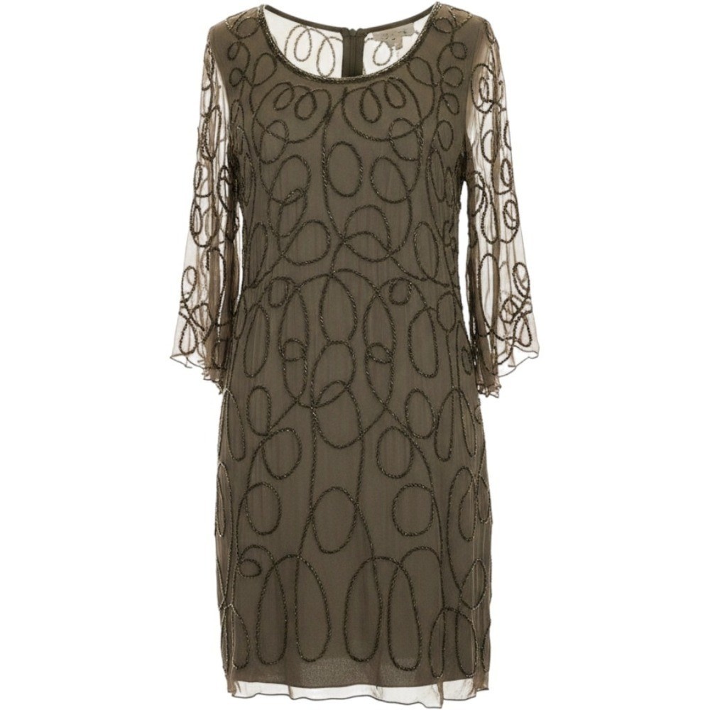 Pookie & Sebastian Silk Illusion Breaded Midi Cocktail Dress Size S Olive Green