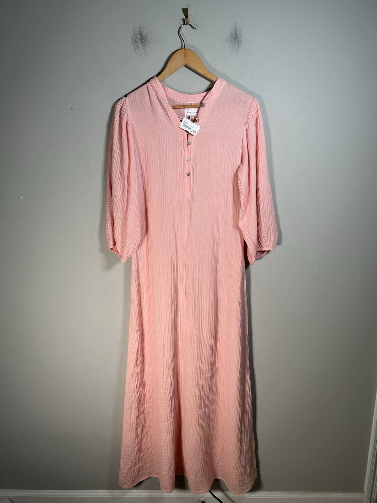 NWT HONORINE Pink Peach Cotton Gauze Tunic Maxi Dress Pearl Buttons Sz M