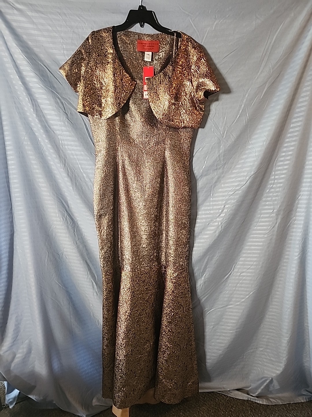 B Michael America “Red Collection” Size 14 Black Gold Jacquard Gown Dress NEW