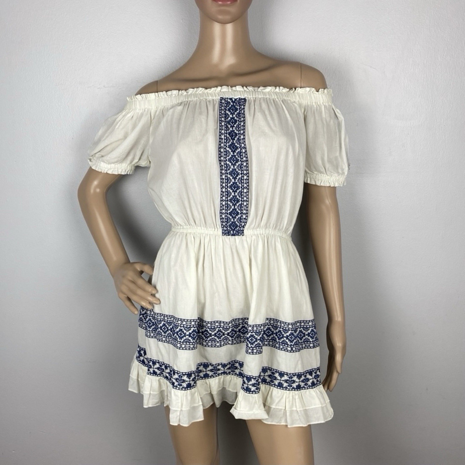TULAROSA REVOLVE IVORY OFF-THE-SHOULDER EMBROIDERED MINI DRESS SMALL