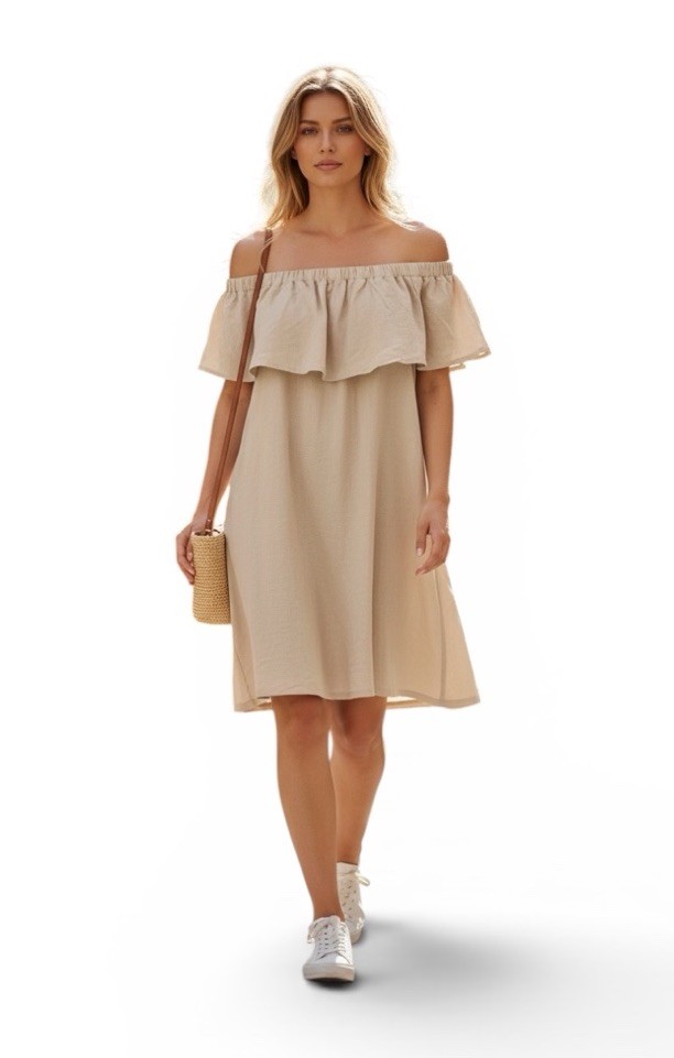 Pink Blush Oatmeal 100% Linen Off Shoulder Dress, Beach Cover, Pockets Size LRG