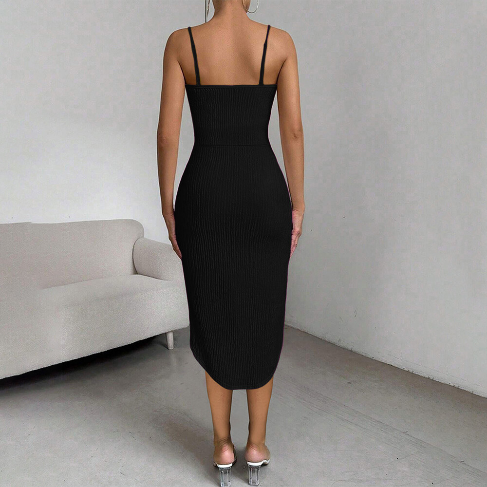 Women Sleeveless Square Neck Bodycon Dress Ladies Strappy Party Split Dresses