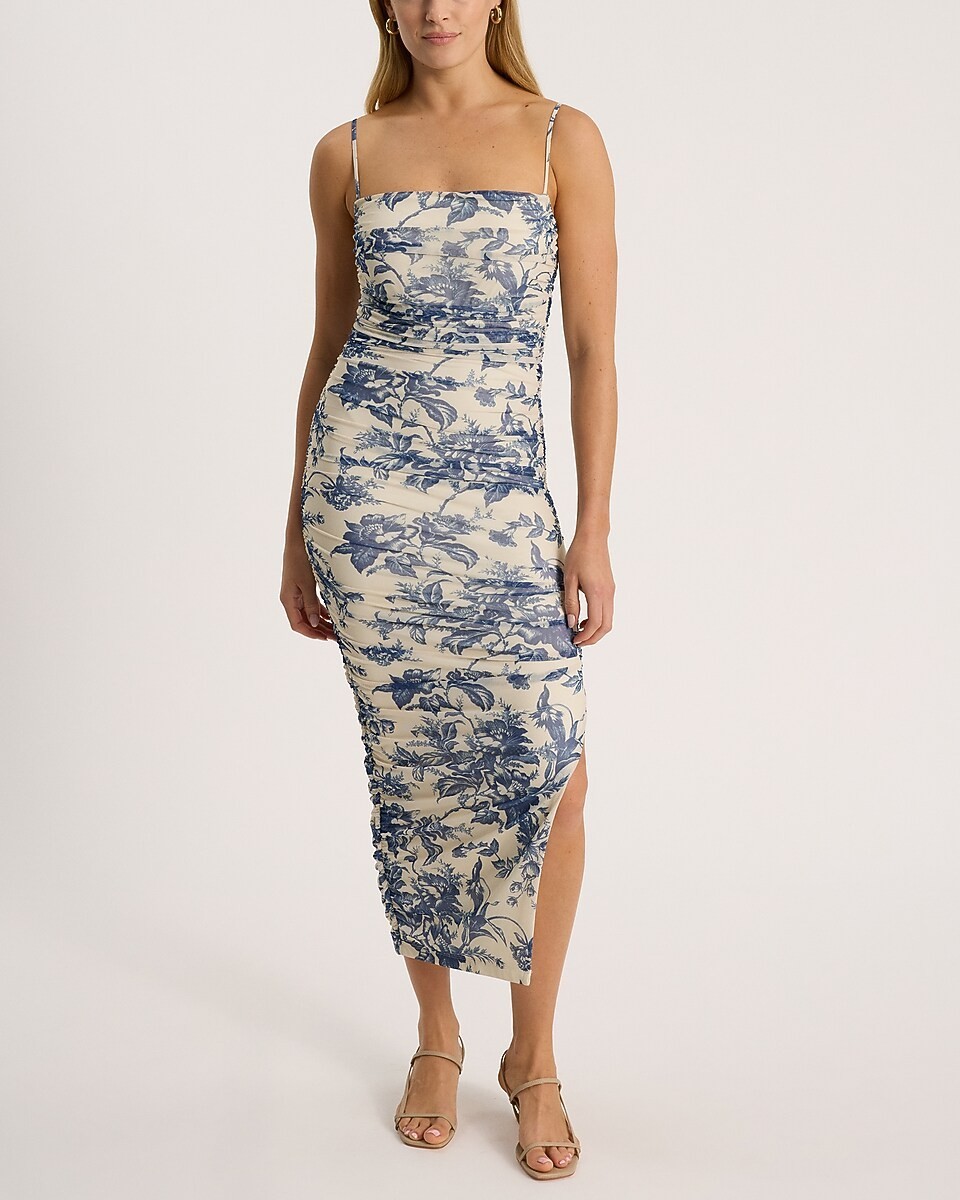 NEW EXPRESS BODY CONTOUR MESH FLORAL RUCHED SIDE SLIT MIDI DRESS SIZE L LARGE