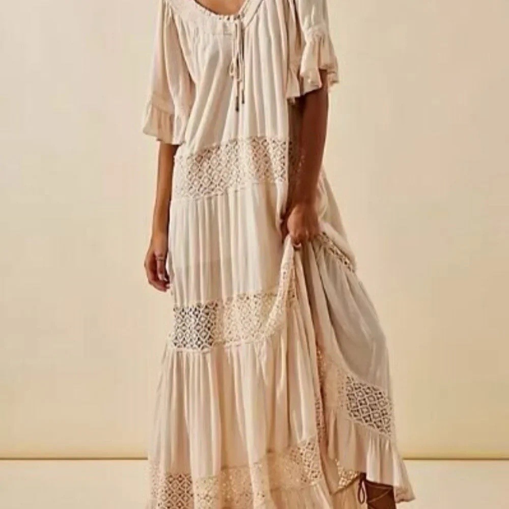 Free People Dream On Maxi Dress L V-Neck Tie Flutter Sleeve Boho Tiered Ruffle