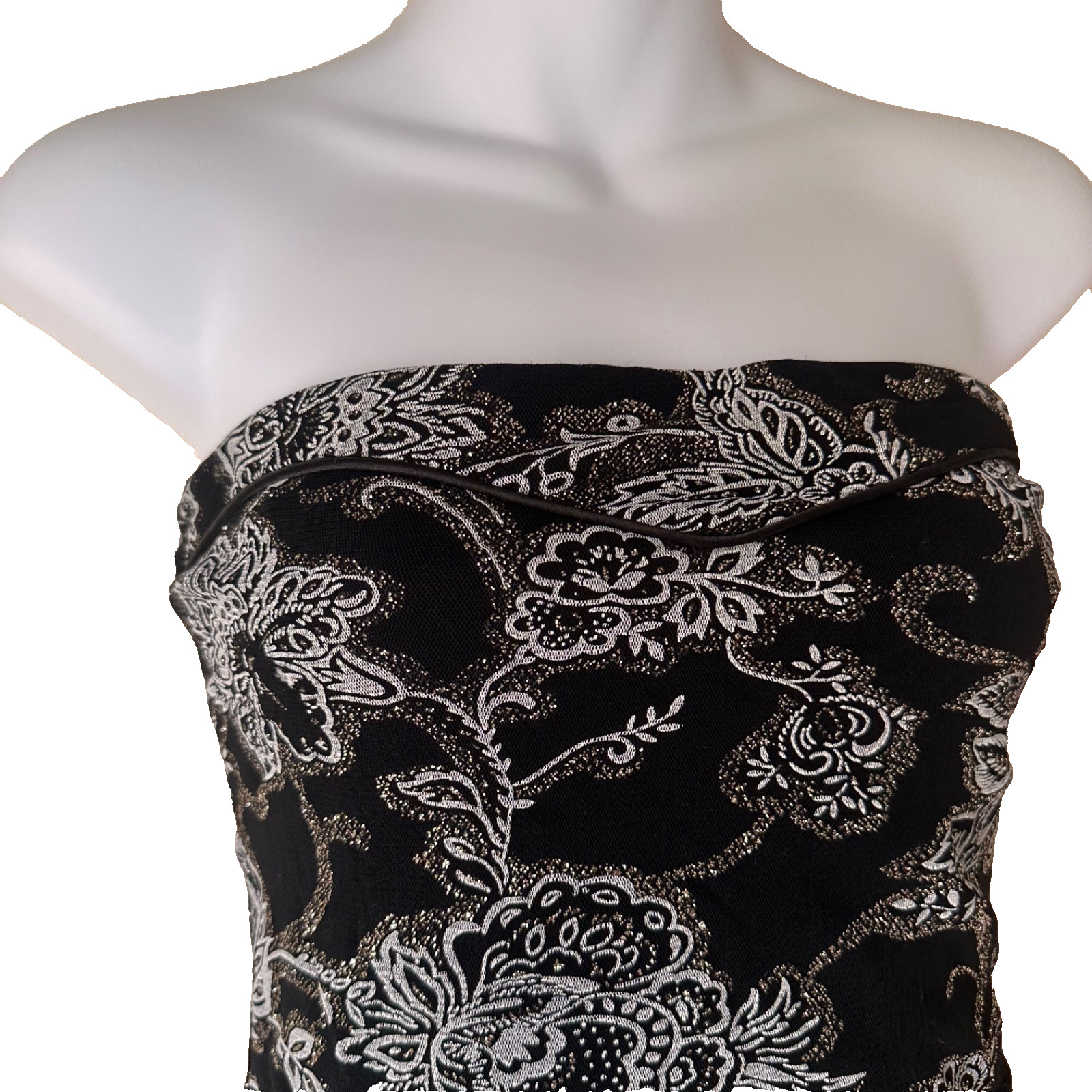 JANE NORMAN Black White Floral Strapless Party Dress Silver Glitter Y2K Size 12