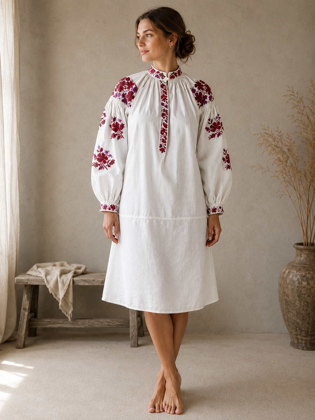 Vintage Ukrainian Embroidered Linen Vyshyvanka Dress Handmade Folk Shirt
