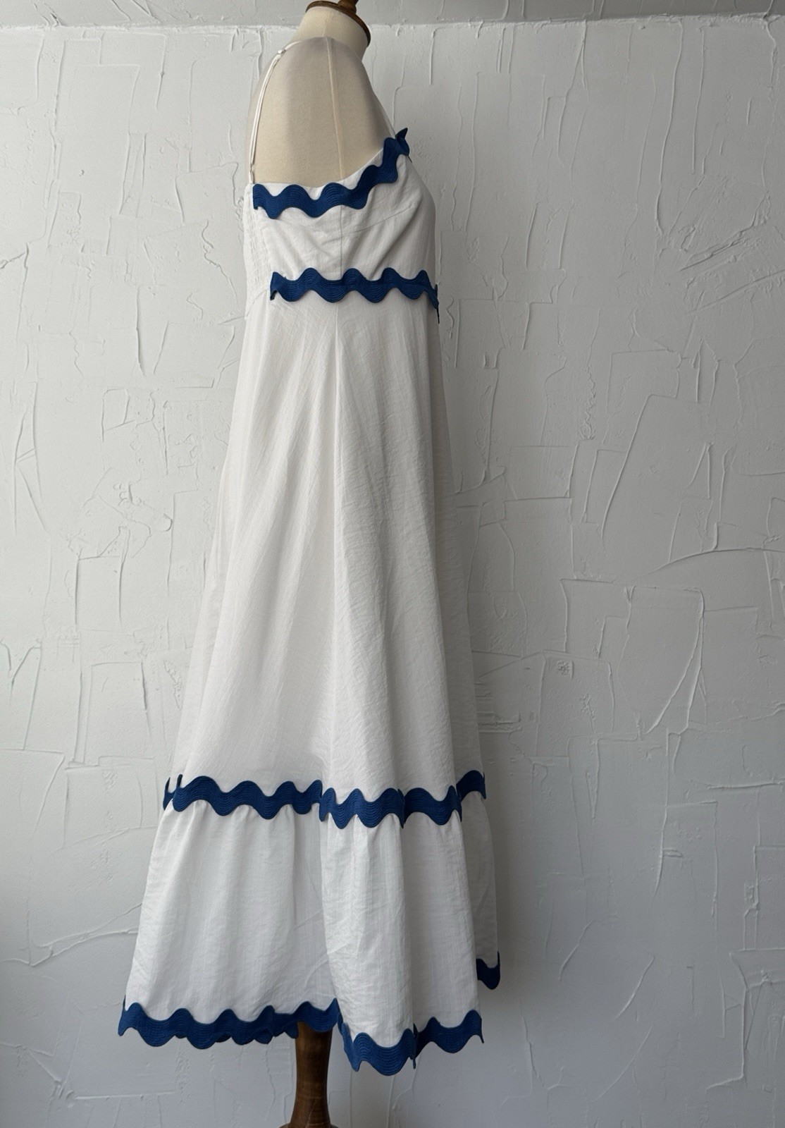 Fashion Maxi Sundress (S) Blue Zigzag Trim White Stretch Adjusting Straps Lined