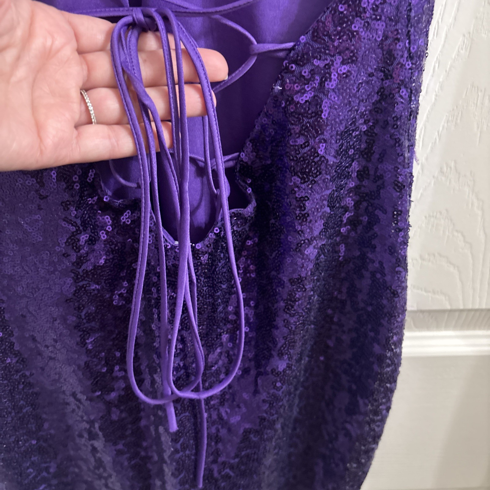 Lucy In The Sky Purple Sequin Spaghetti Strap Lace Up Back Medium Mini Dress
