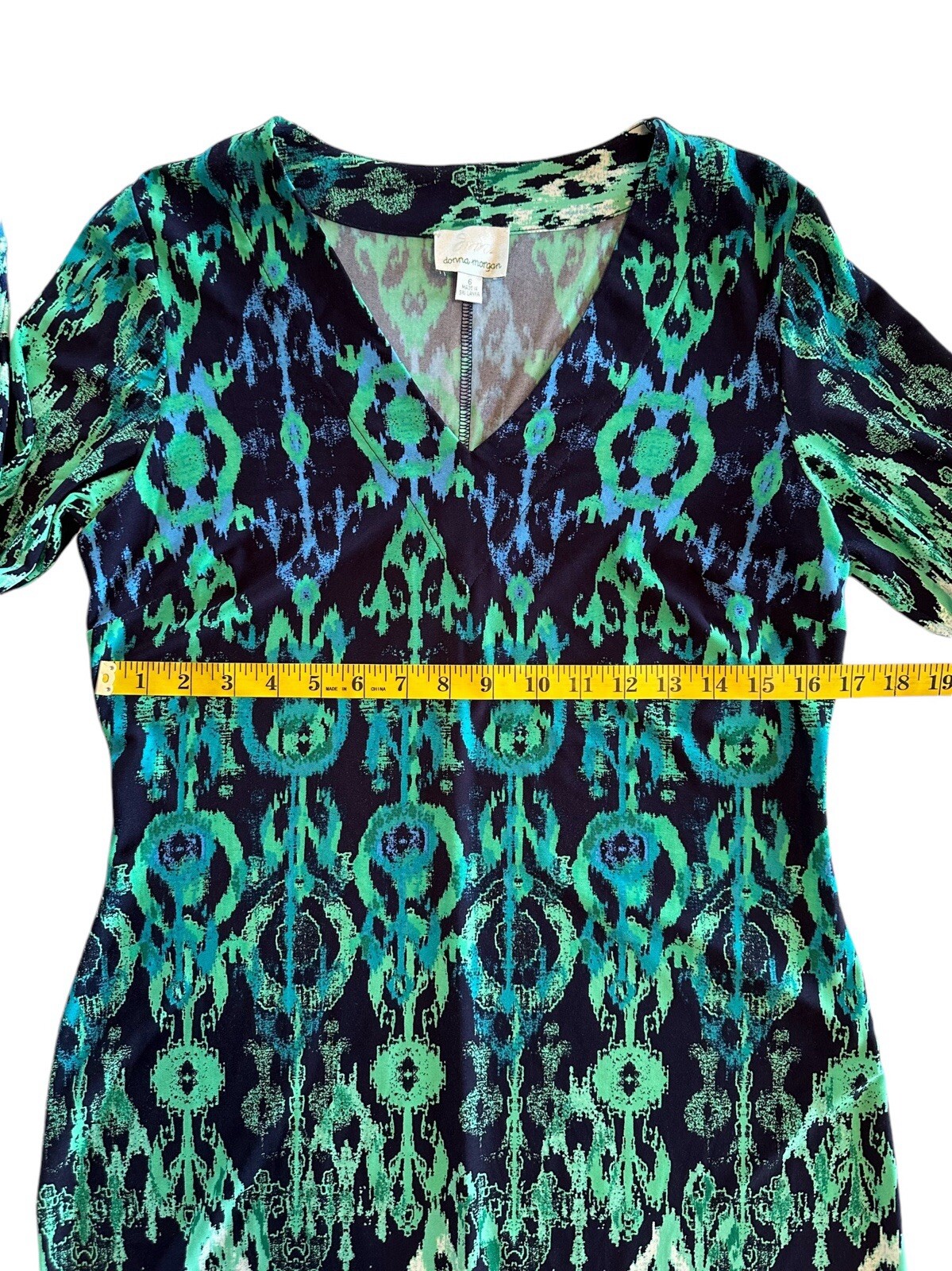 Donna Morgan Shift Pencil Dress Womens 6 Stretch Multicolor V-Neck 3/4 Sleeves