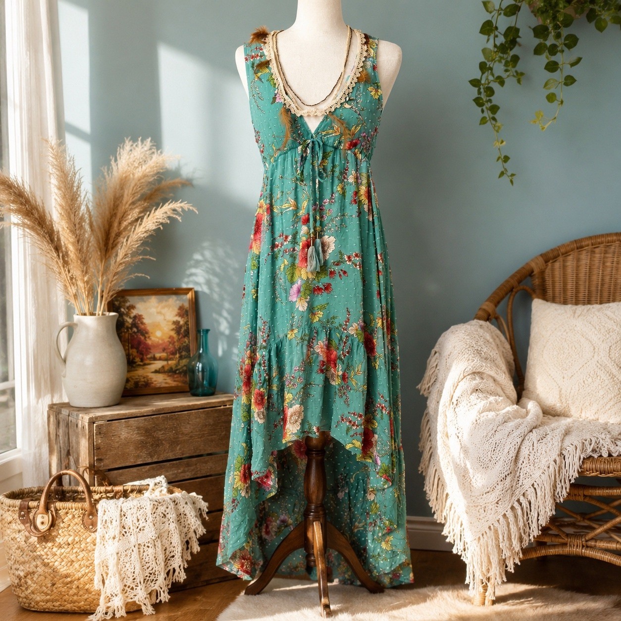 Boho Floral High Low Maxi Dress Open Back Tassel Swiss Dot Cottagecore Peacock M