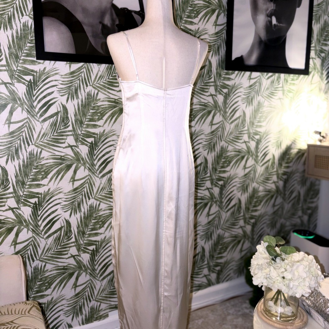 Fleur du Mal Ivory Satin Slip Dress Black Lace Trim Bias Midi Womens Size 8