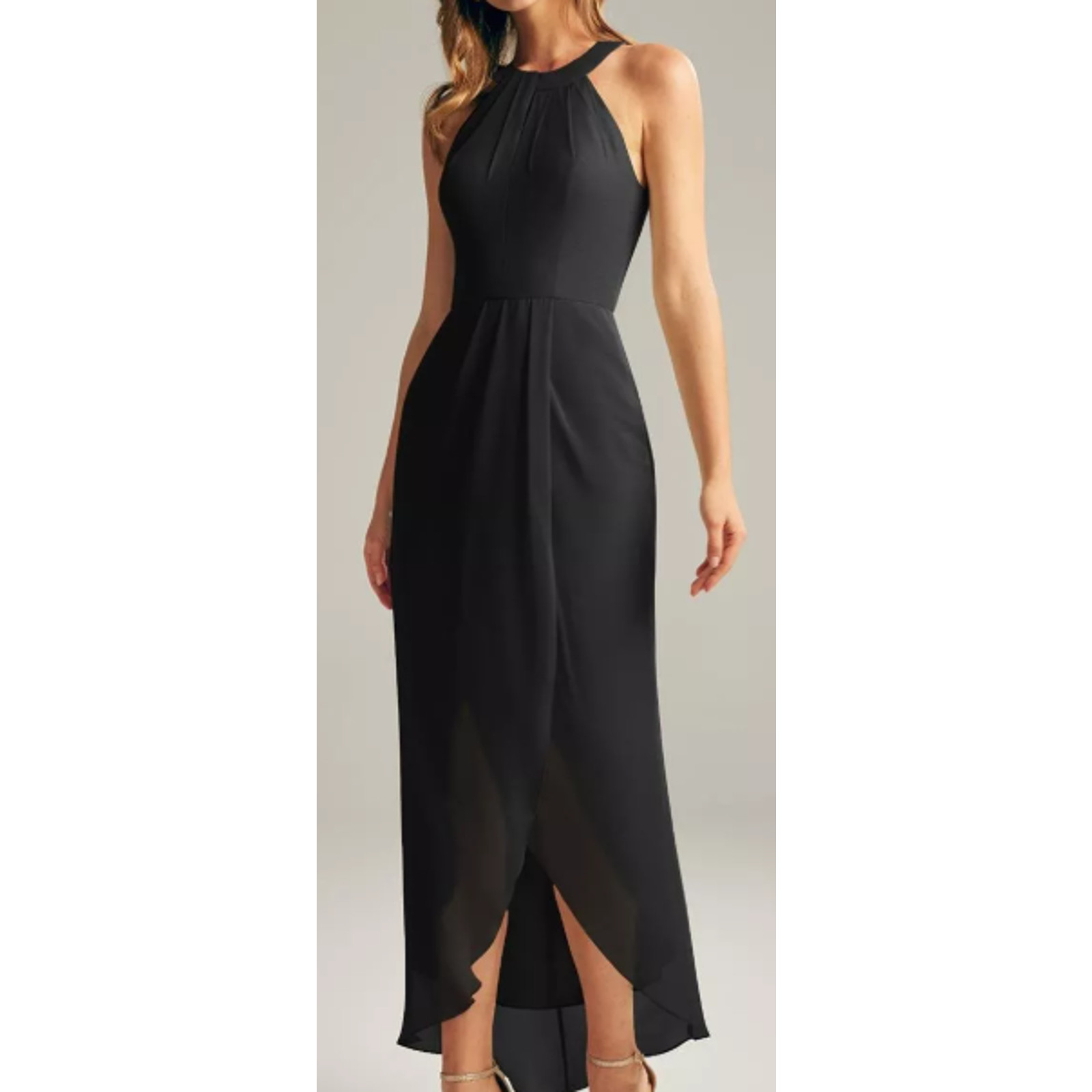 AW BRIDAL 6 S black chiffon Raja bridesmaid faux wrap tulip midi dress NEW B37