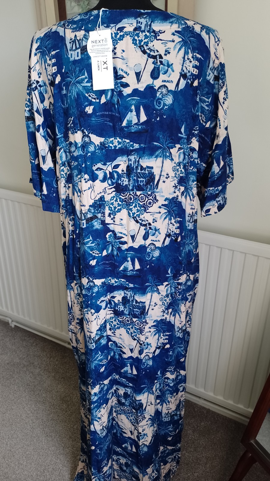 BNWT NEXT LONG LINEN BLEND MEDITERRANEAN PRINT LONG DRESS – MED -12/14.