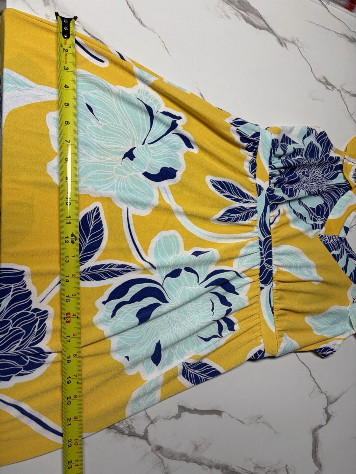 IMAN Global Chic Yellow Blue Floral Maxi Dress Resort Summer Cruise Petite M NWT
