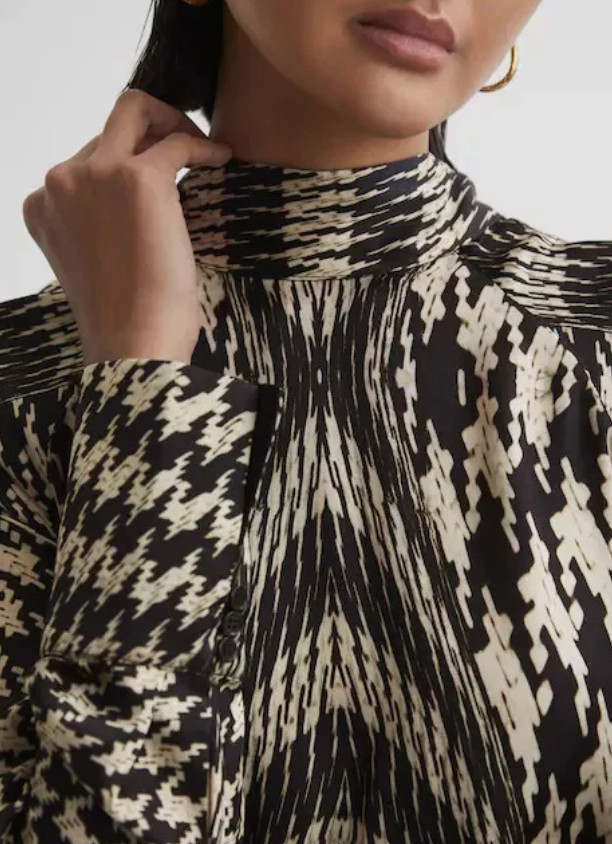 REISS Ester Placed Monochrome Black & Cream Dogtooth Print Mini Dress UK8 UK10