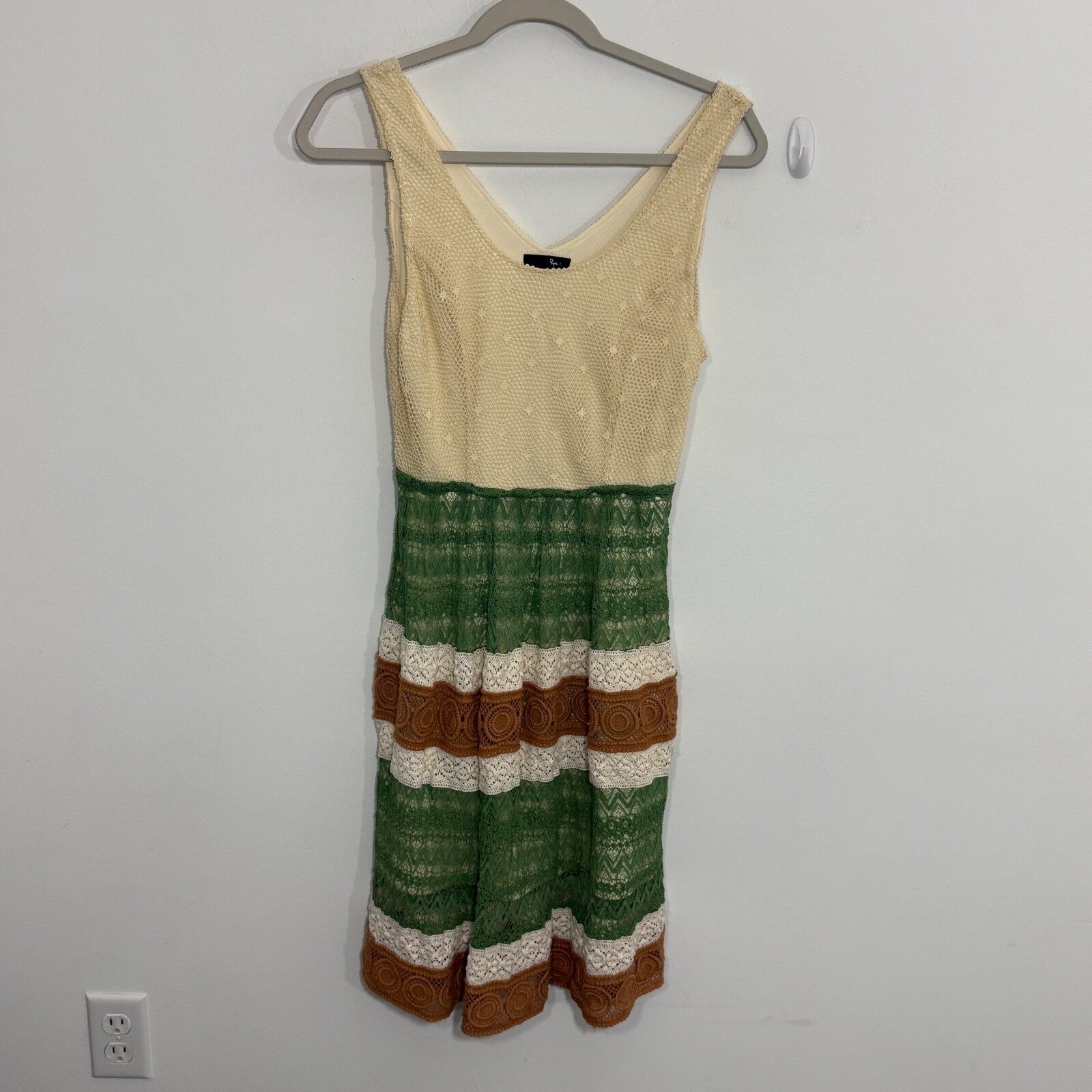 Ryu Womens Dress Small Cream Green Stripe Crochet Boho Hippie Festival Fairy