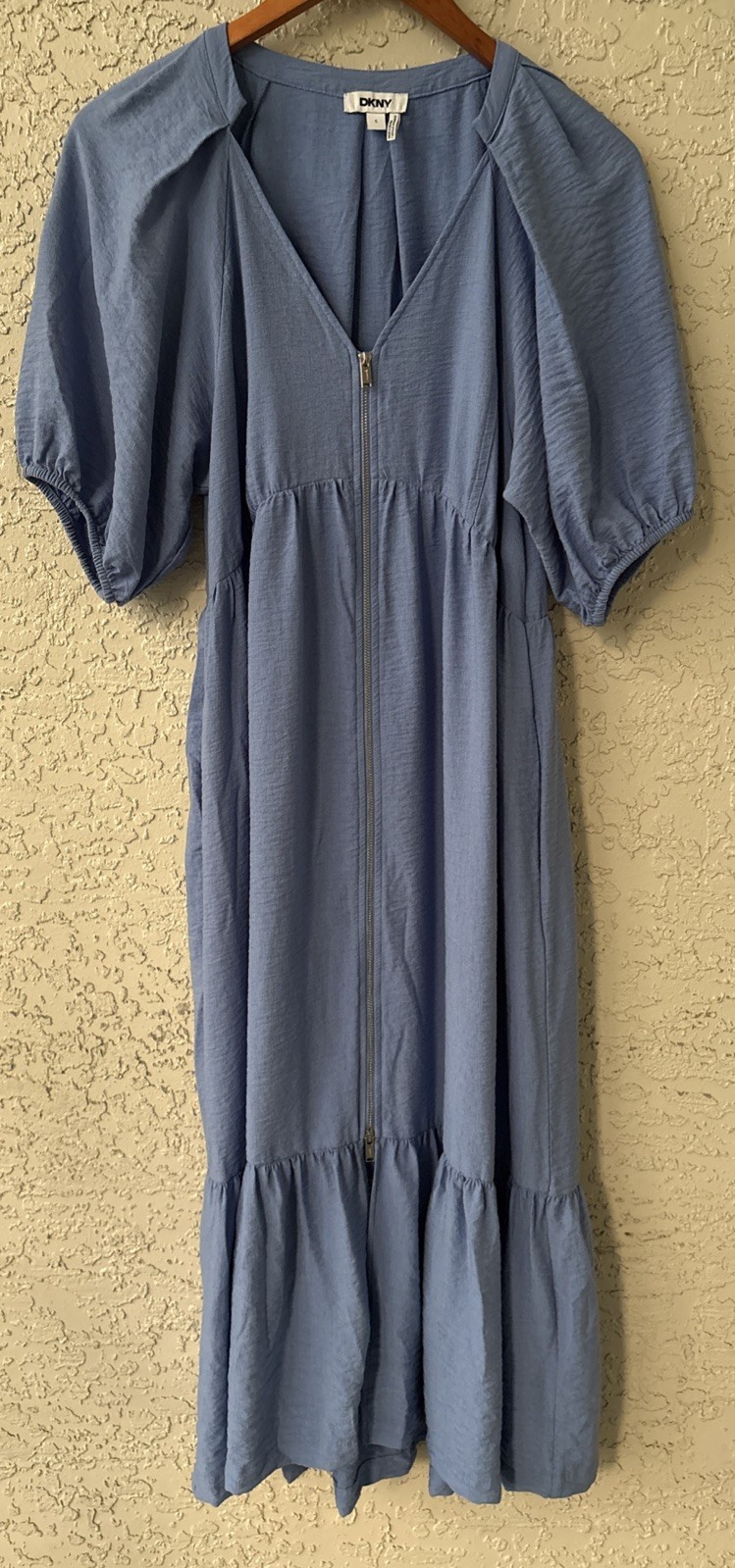 DKNY Light Blue Puff Sleeve Midi Dress Zip Front Tiered Peasant Small