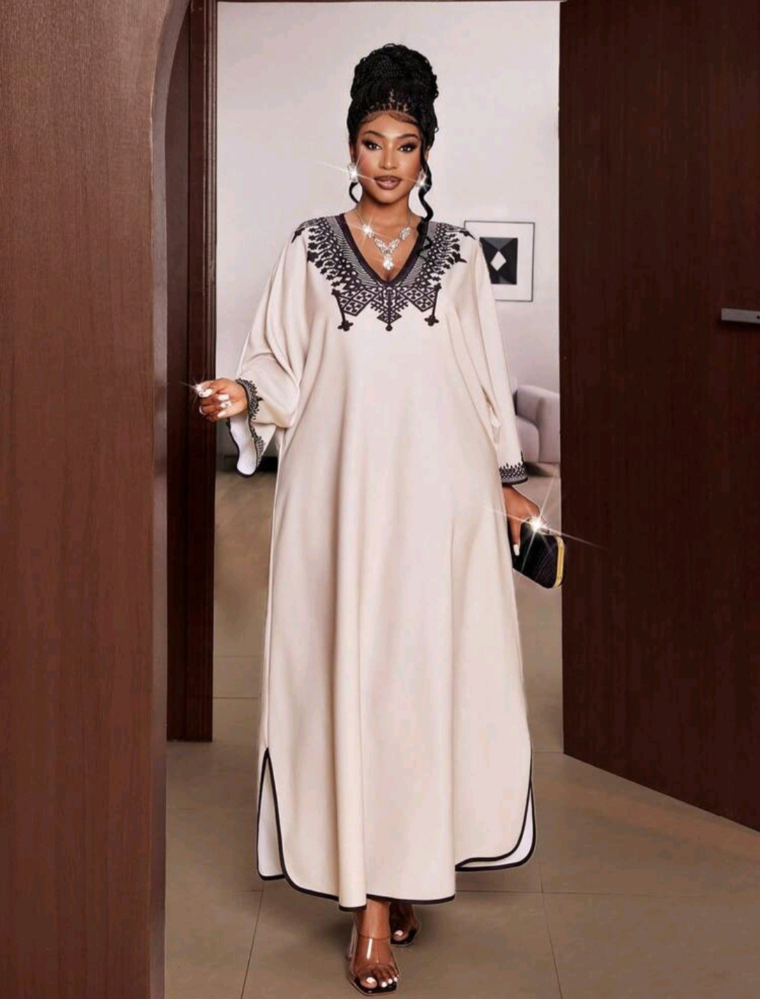 Beige Black Embroidered V-Neck Long Kaftan Maxi Dress Batwing Sleeve One Size