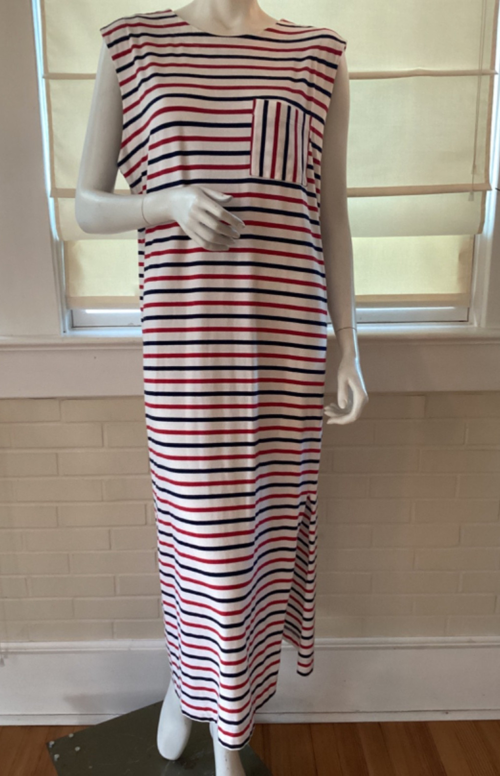 LOFT Striped Sleeveless T-shirt Midi Dress SZ L Nautical Patriotic Red Whi Blue