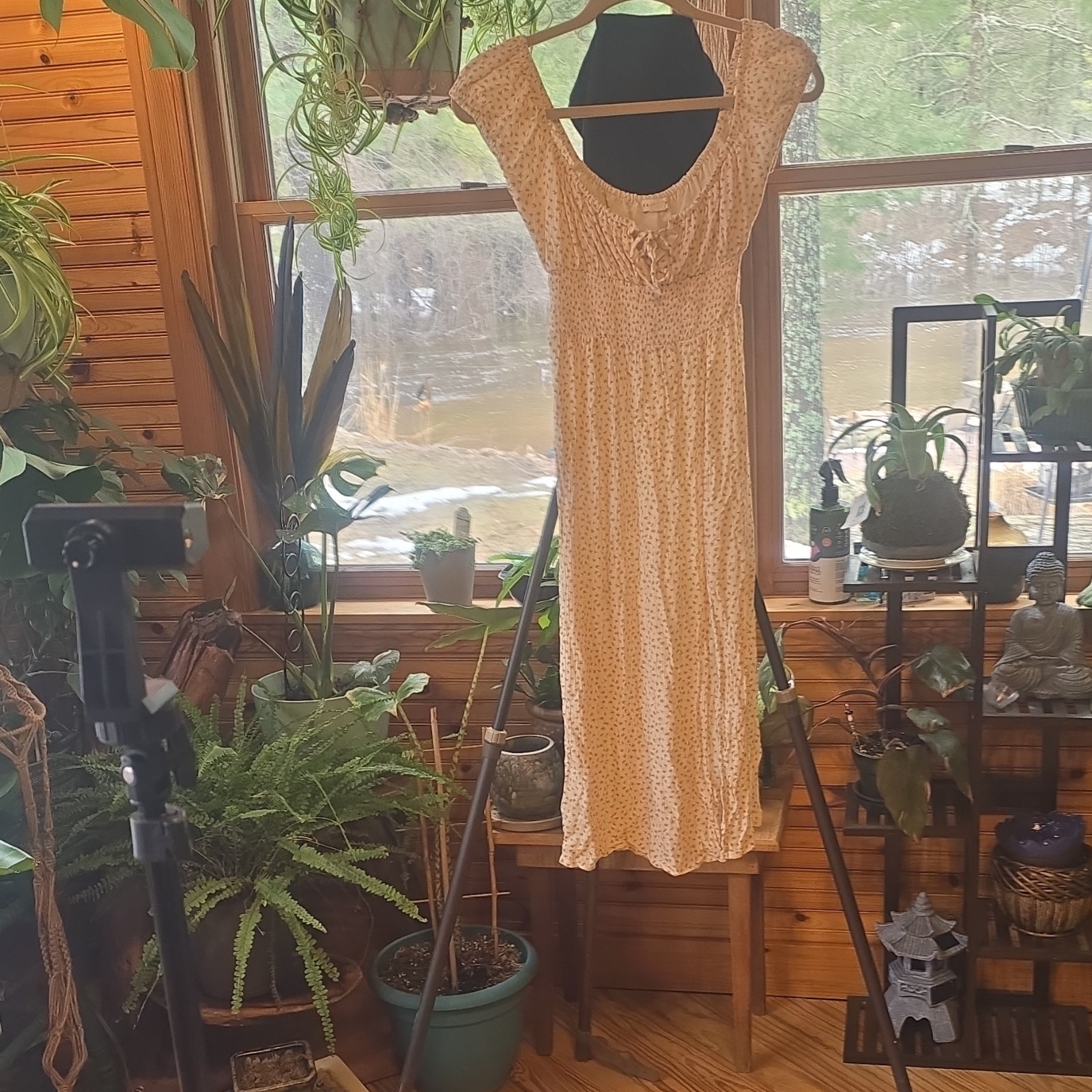 Aeropostale Maxi Dress Floral Smocked Tie Beige Pink Green Scoop Neck XS