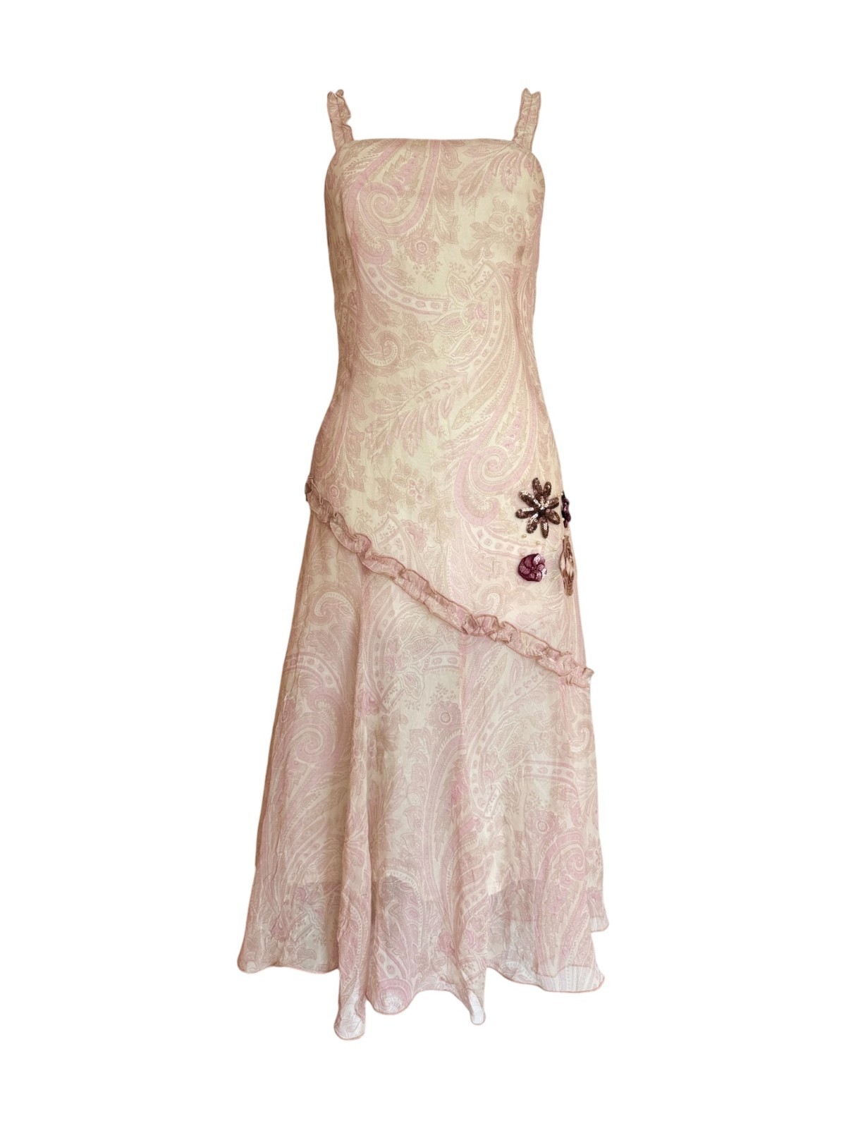 Spanish Designer Pink Paisley Floral Appliqué Dress 38