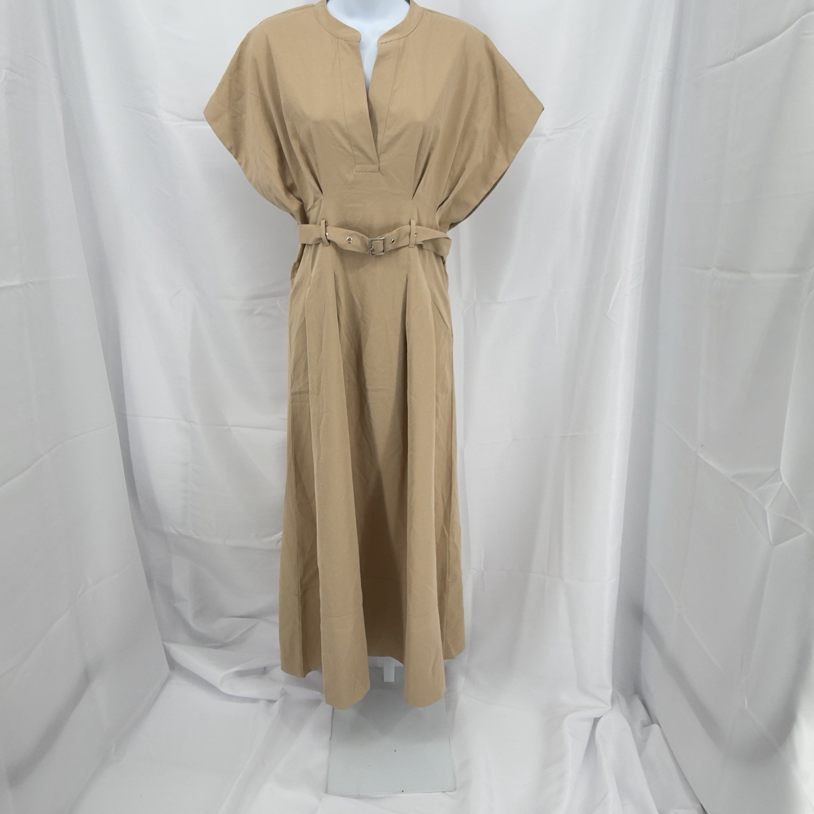 New Aveloria Minimalist Tan Belted Structured Retro Style Work Dress Women’s SM