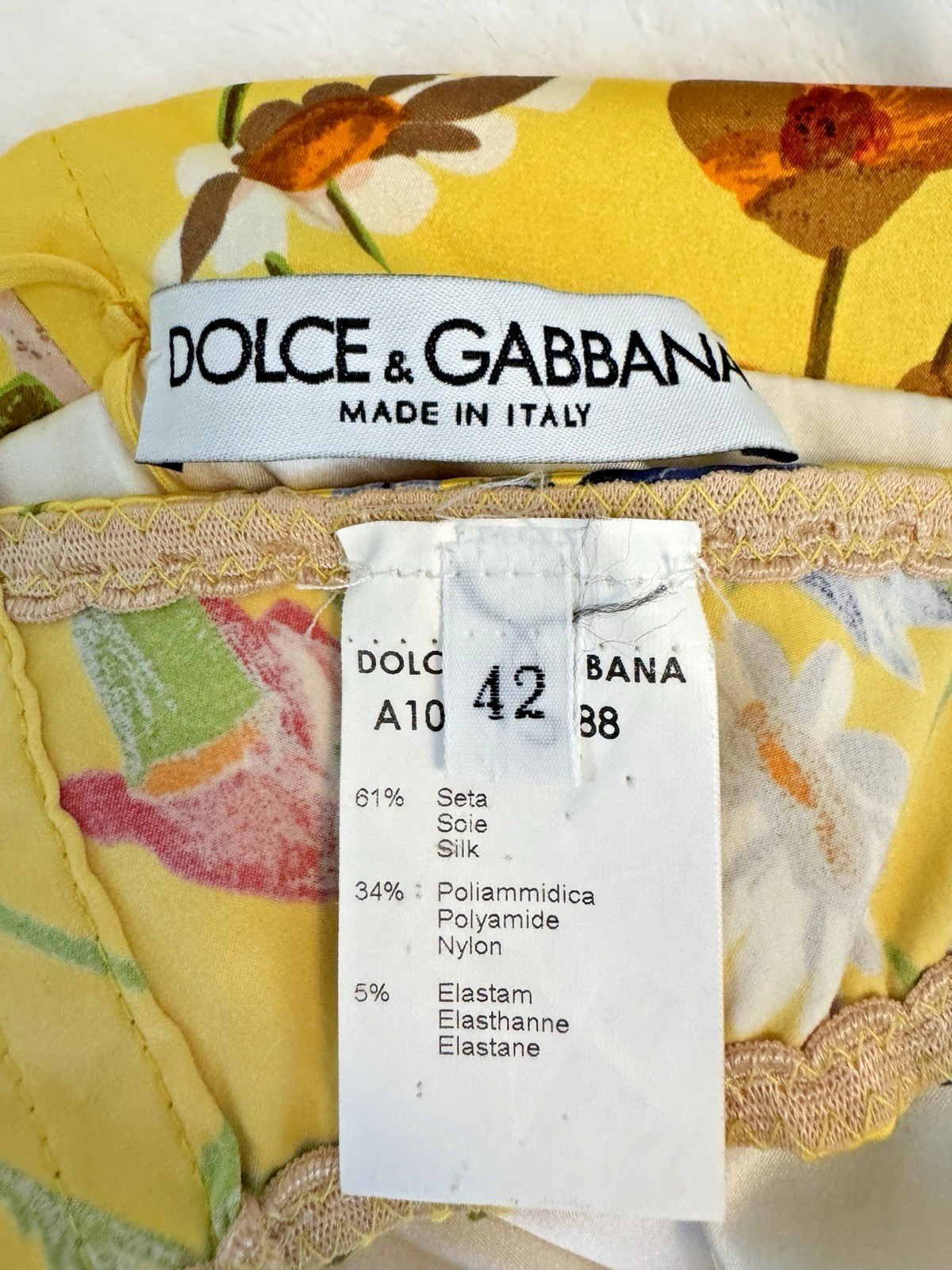 Rare Vintage 1990s Dolce + Gabbana Yellow Silk Floral Stretch Corset Dress Gown