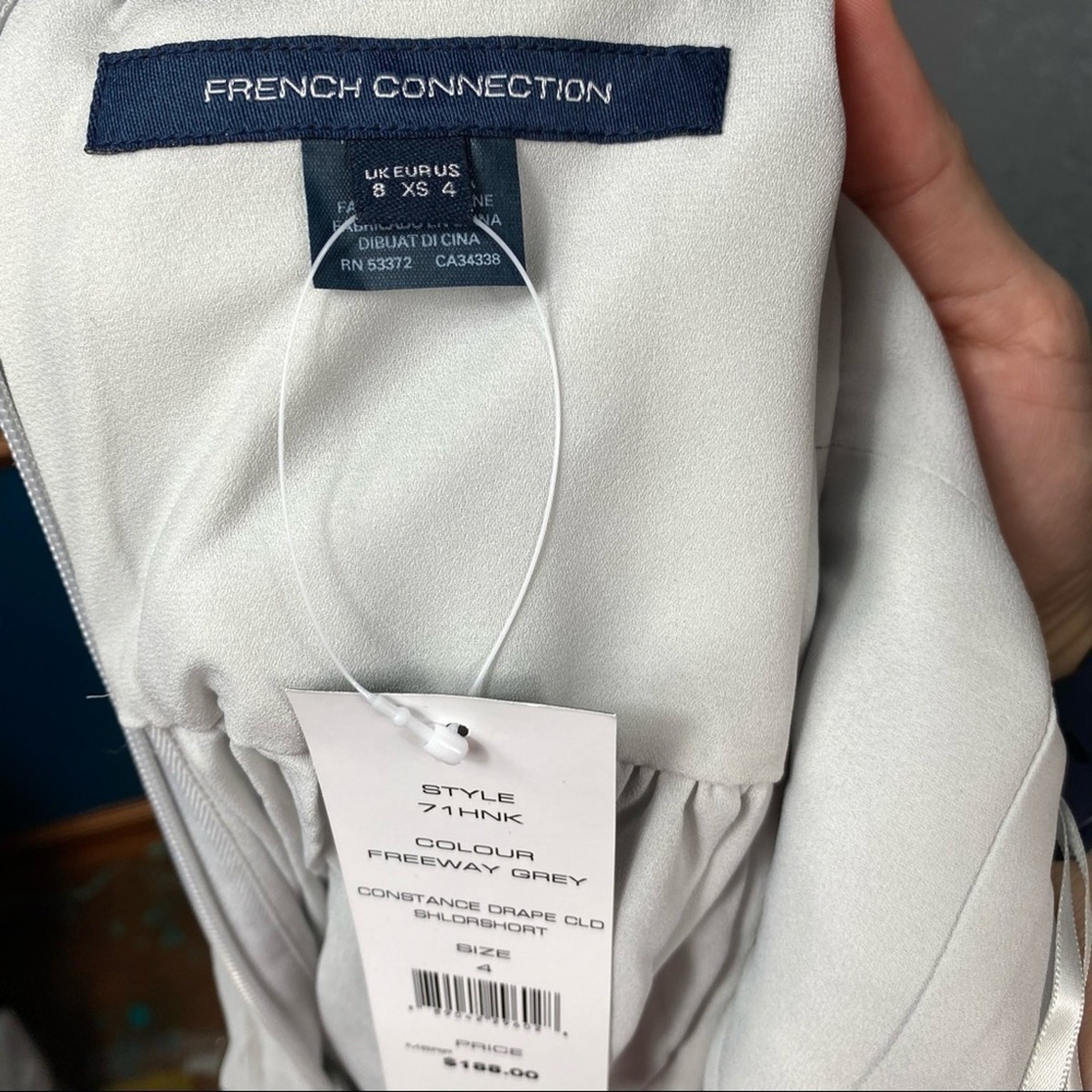 French Connection Constance Draped Cold Shoulder Dress | Light Gray | Size 4