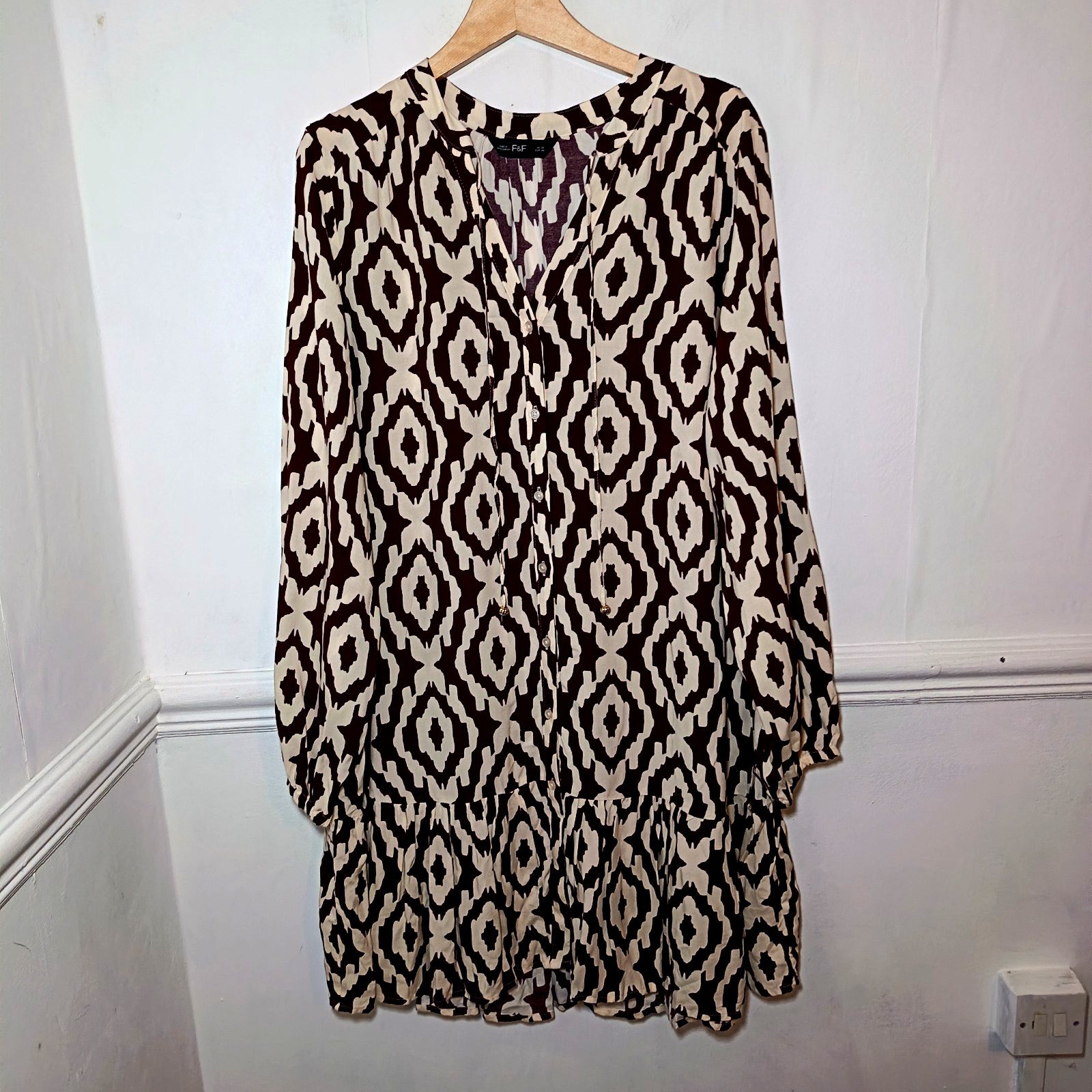 F&F Womens Dress Brown Size UK 20 Boho Print Smock Statement Tiered Abstract