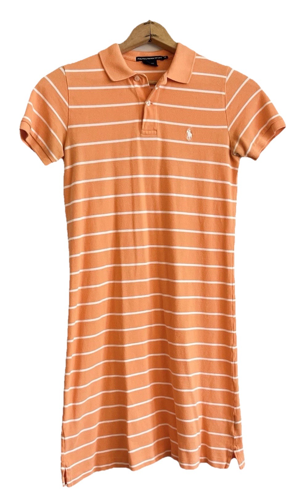 Ralph Lauren Sport Preppy Polo Shirt Dress Orange White Striped Cotton (Medium)