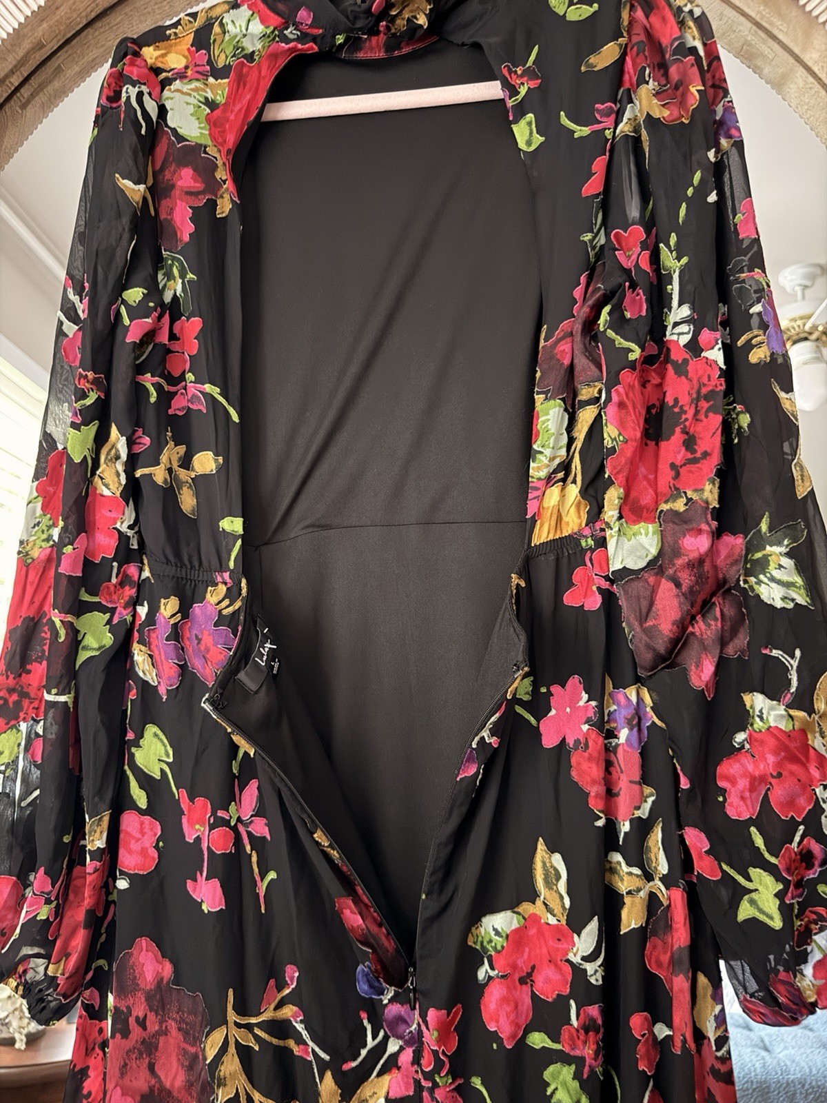 Lulus Floral Backless Maxi Dress L Mock Neck Long Sleeve Wedding Guest Formal