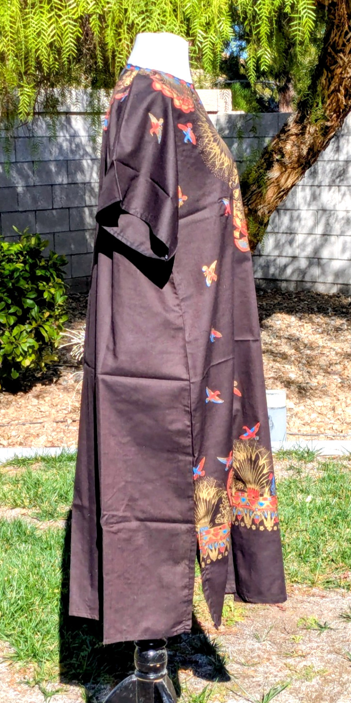 Retro Kaftan Black/Gold Goddess Cleopatra Ankh Birds Graphic Print Cotton Dress