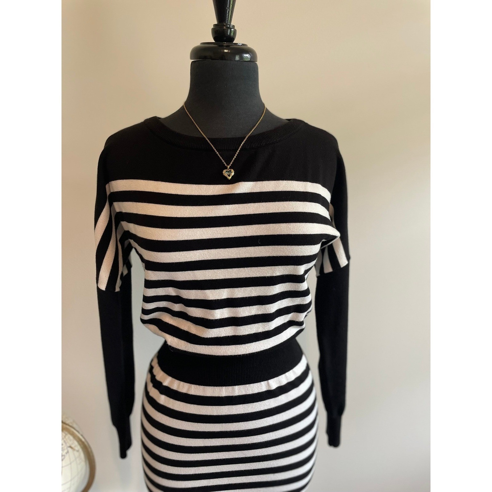 WHBM Striped Knit Blouson Sweater Dress Black White S