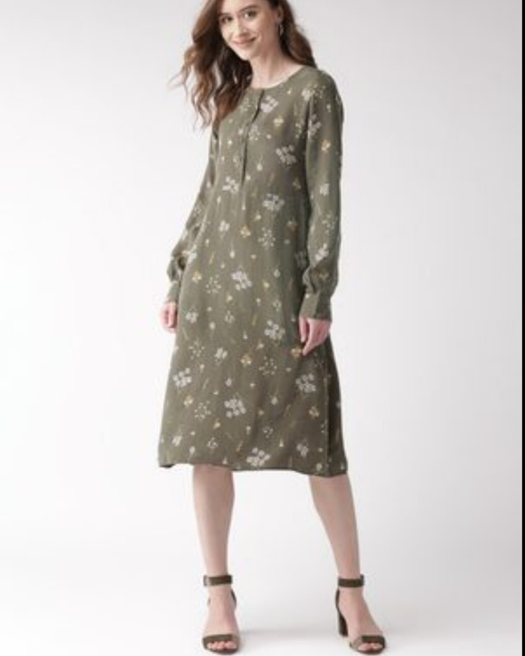 M&S Per Una Khaki Floral Dress UK 10 Long Sleeves Pockets Marks & Spencer