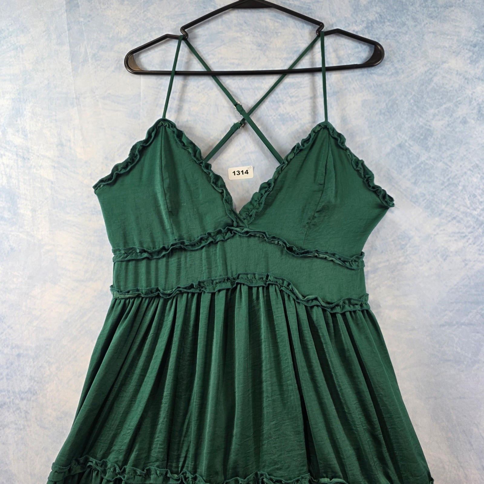 She + Sky Emerald Green Ruffle Tiered Babydoll Mini Dress Cross Back Small